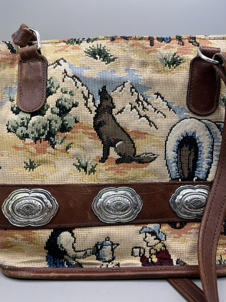 Vintage Horse Tapestry Purse Bag Staps Silver Buckle Wolf Cowboy Shoulder Bag