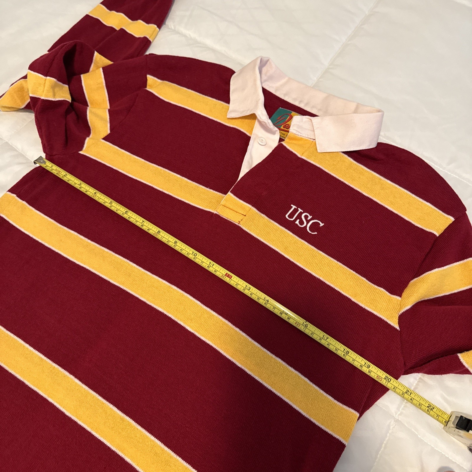 Dehen USC Trojans Rugby Shirt vintage Mens Large Striped Maroon Gold Polo
