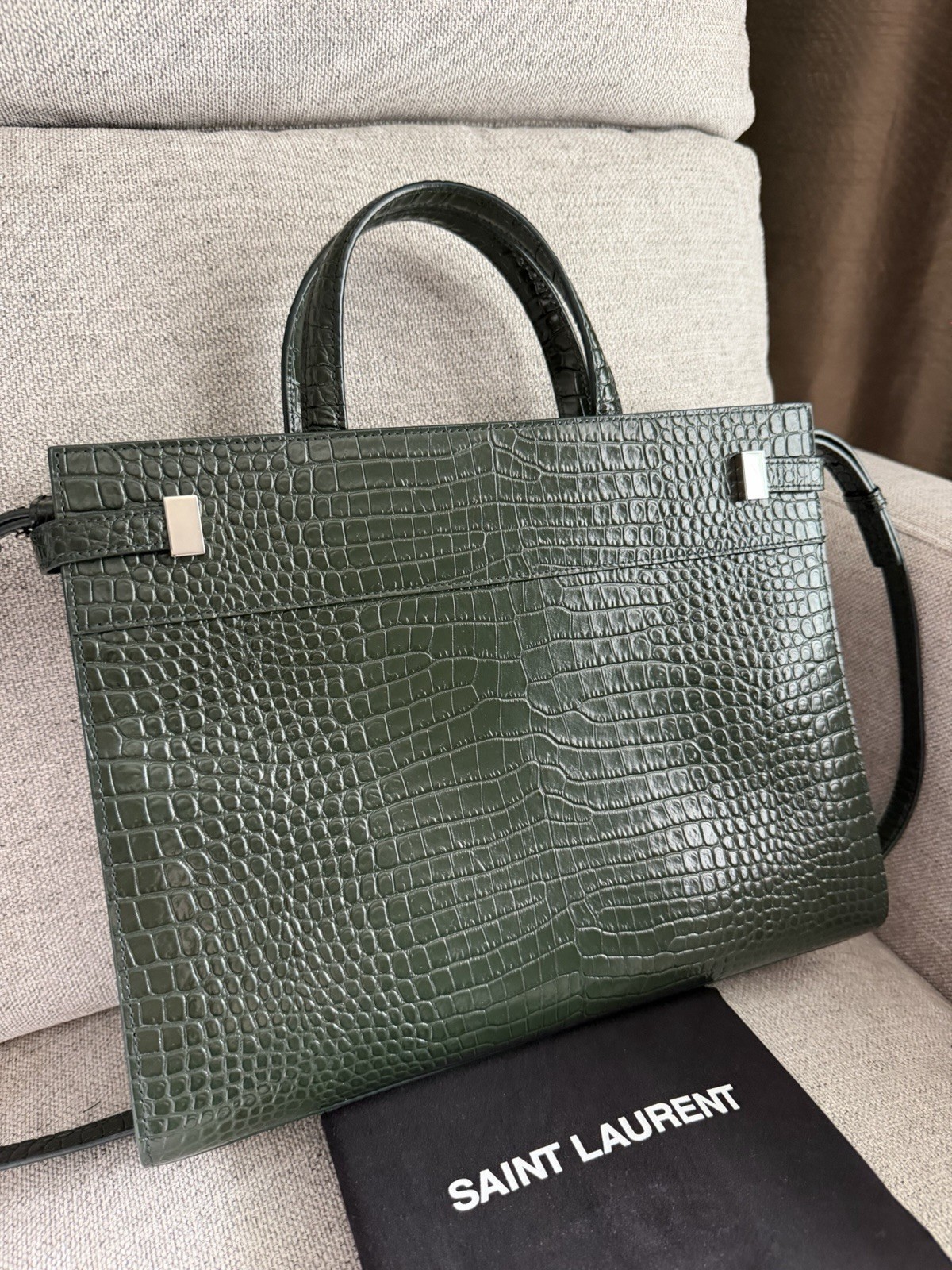 SAINT LAURENT Small Manhattan Green Silver Embossed Leather Bag Shoulder Strap