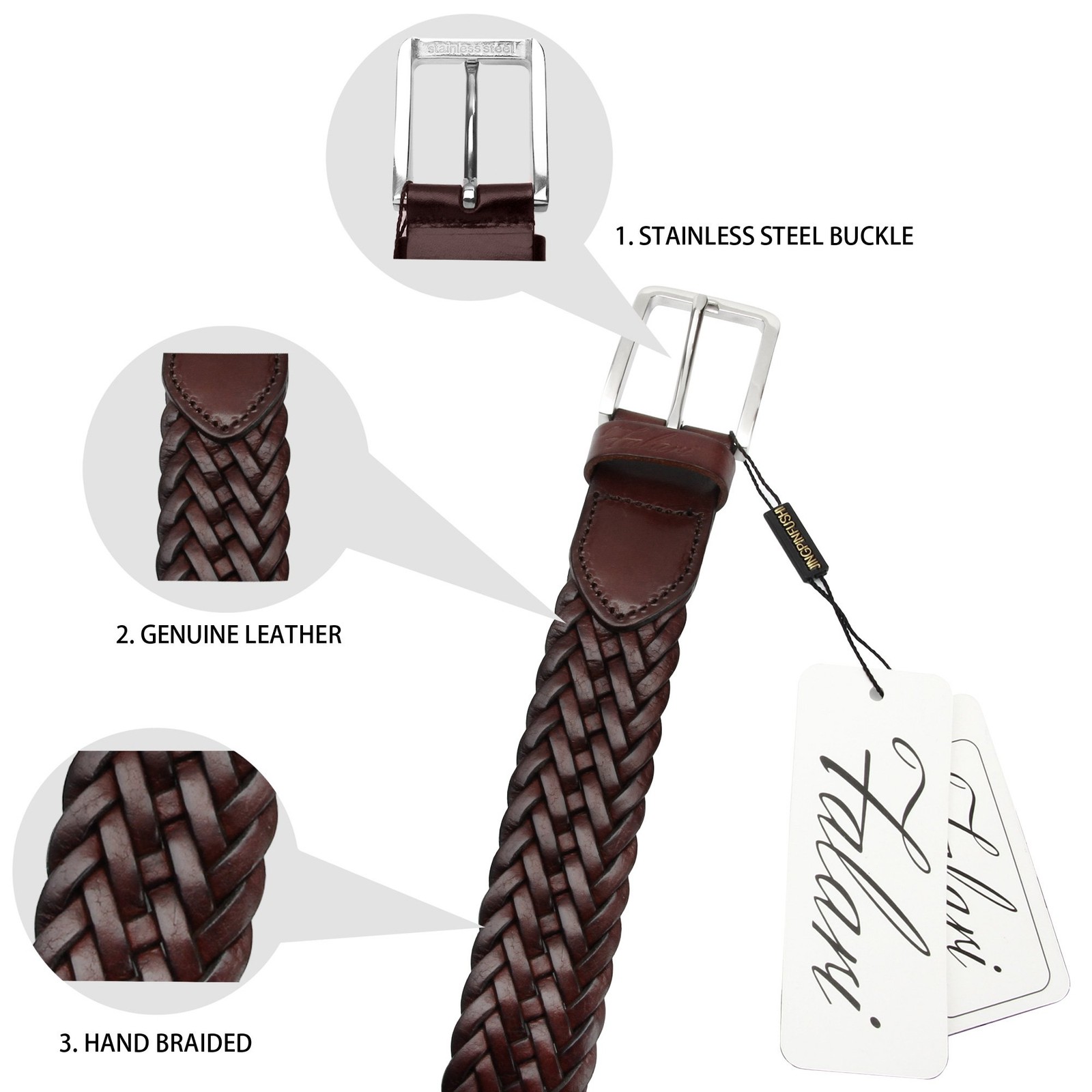 Men’s Braided Belt 100% Genuine Leather Brown 38-40 9007-RBN-L
