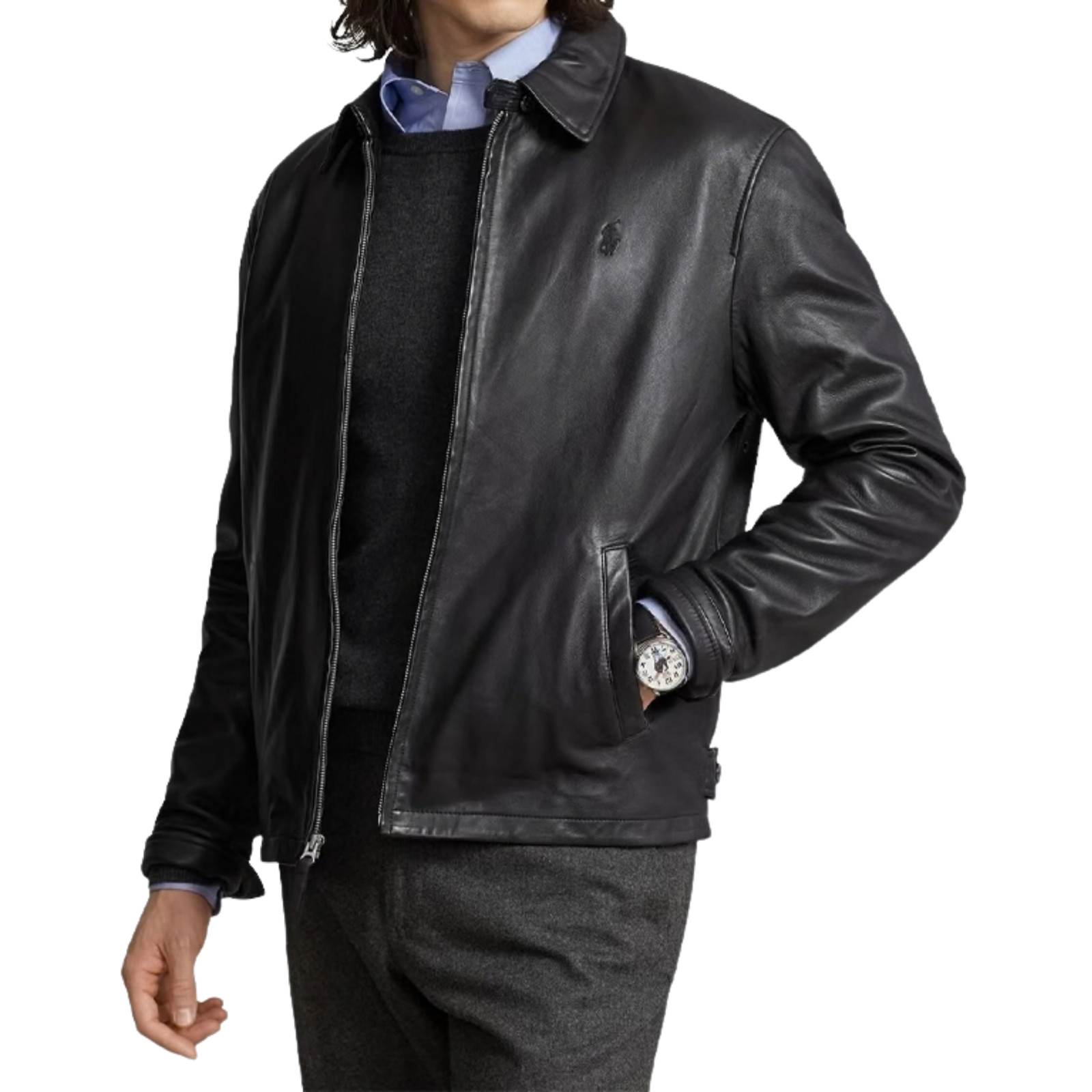 Lauren Ralph Design Black Polo Collar Leather Jacket Motorcycle Biker Casual Men