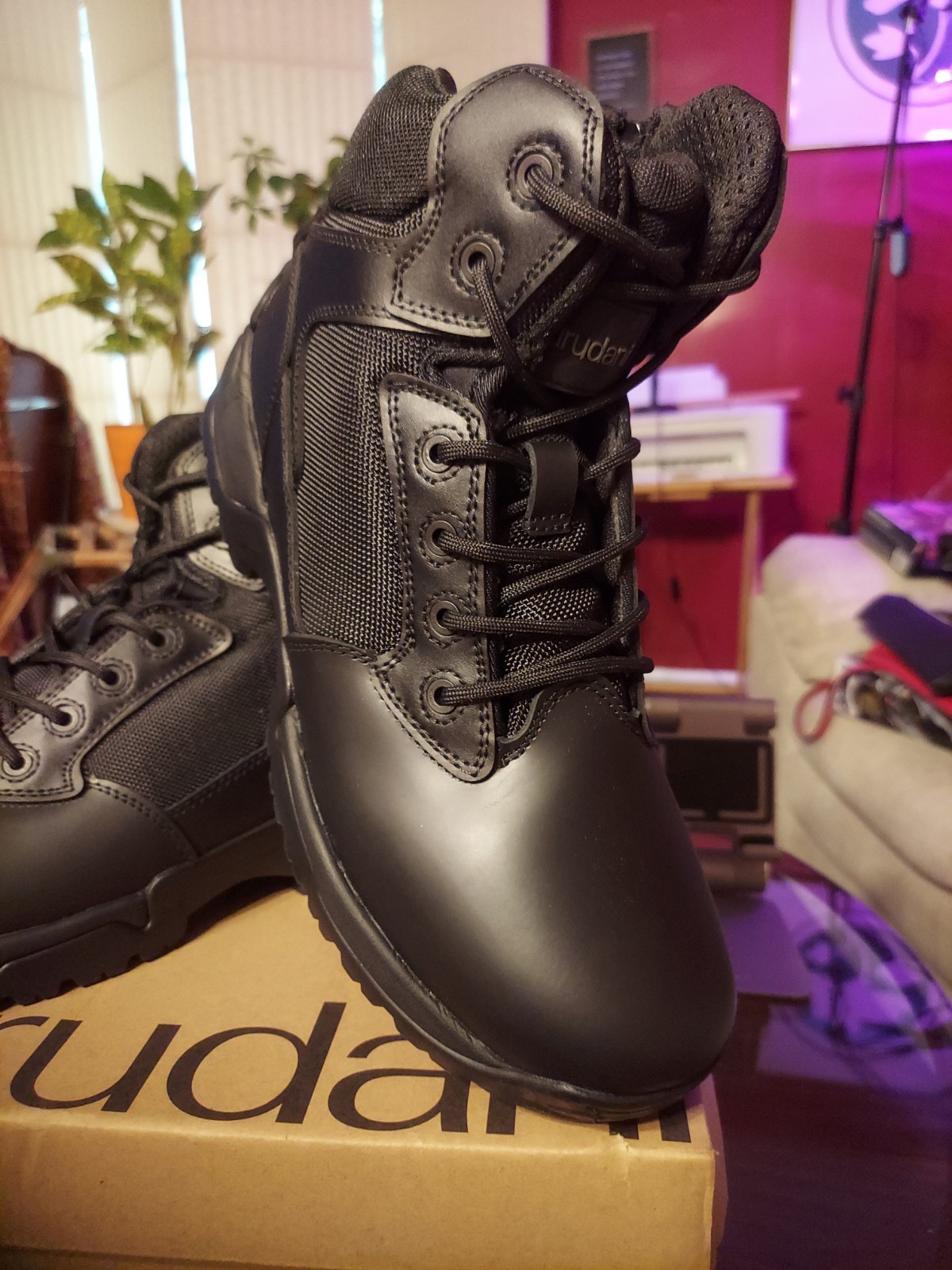 BURUDANI Men Leather Tactical Boots Military Side Zip Lace Up Boots Blk 10.5