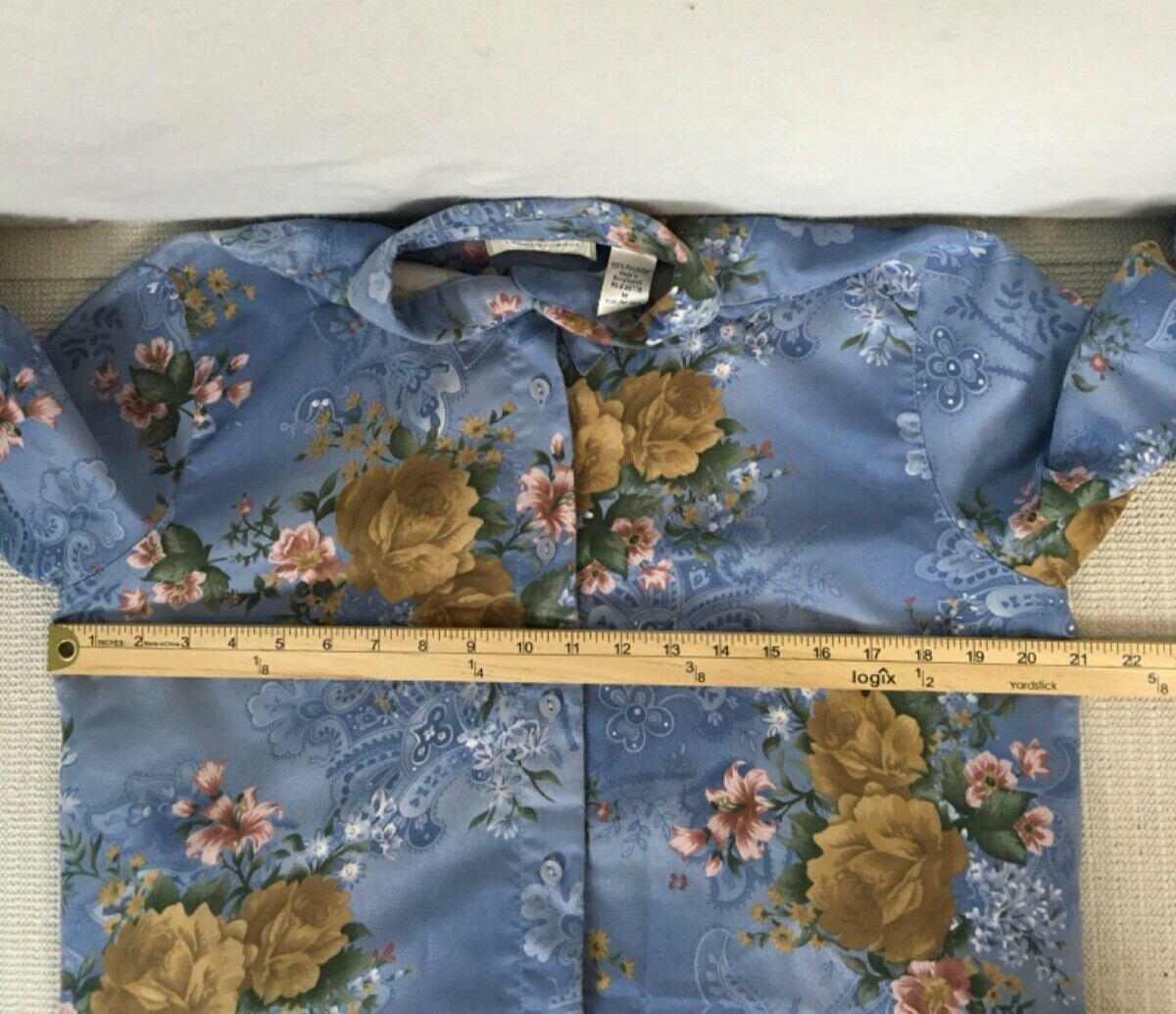 Lemon Grass Top Size M Blue w Pink Brown Flowers Button down Long Sleeves Blouse