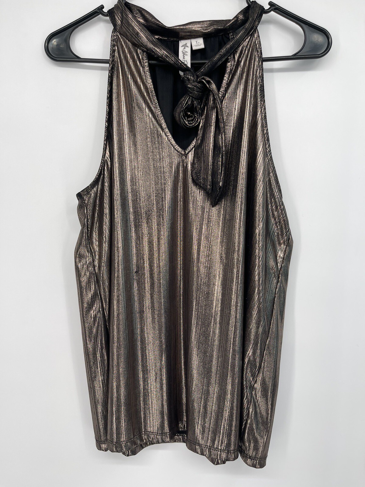 Other Follow Large Halter Top Women Gold Metallic Pleated Tie Neck OT174575BB