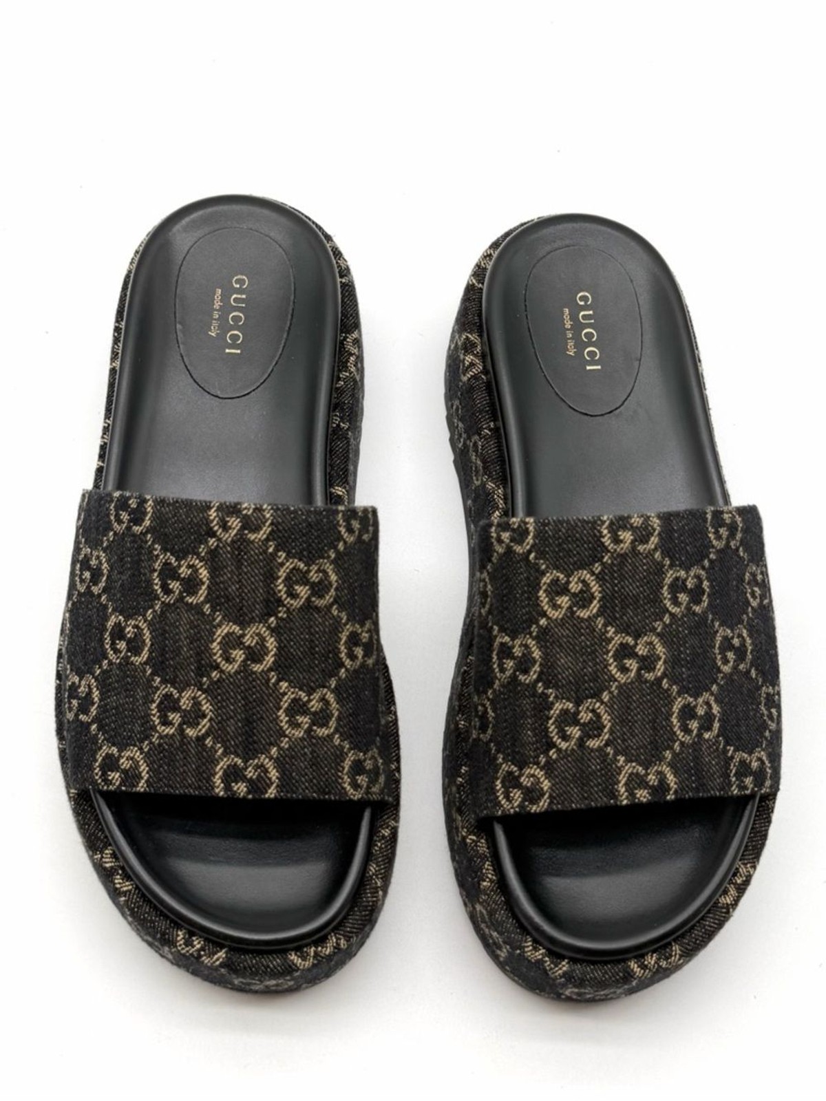 Gucci Angelina GG Monogram Platform in Black Denim Slide Sandals EU 39.5 US 9.5