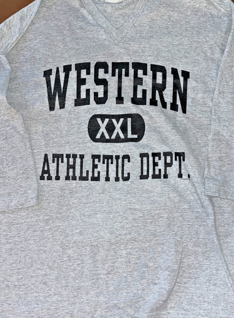 VINTAGE WESTERN XXL ATHLETIC DEPT. HALF SLEEVE T-SHIRT Grey V-Neck College WIU