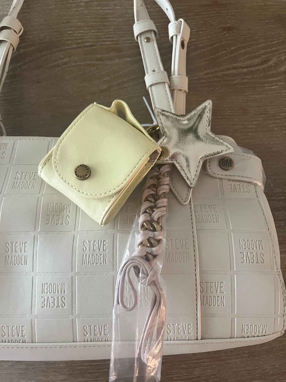 Steve Madden Ivory Embossed Logo Shoulder Bag Coin Pouch Charm Gold Hardware