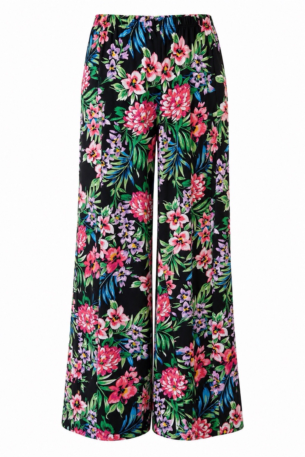 Slinky Brand Floral Wide Leg Pants Black Tropical Print XL Elastic Waist