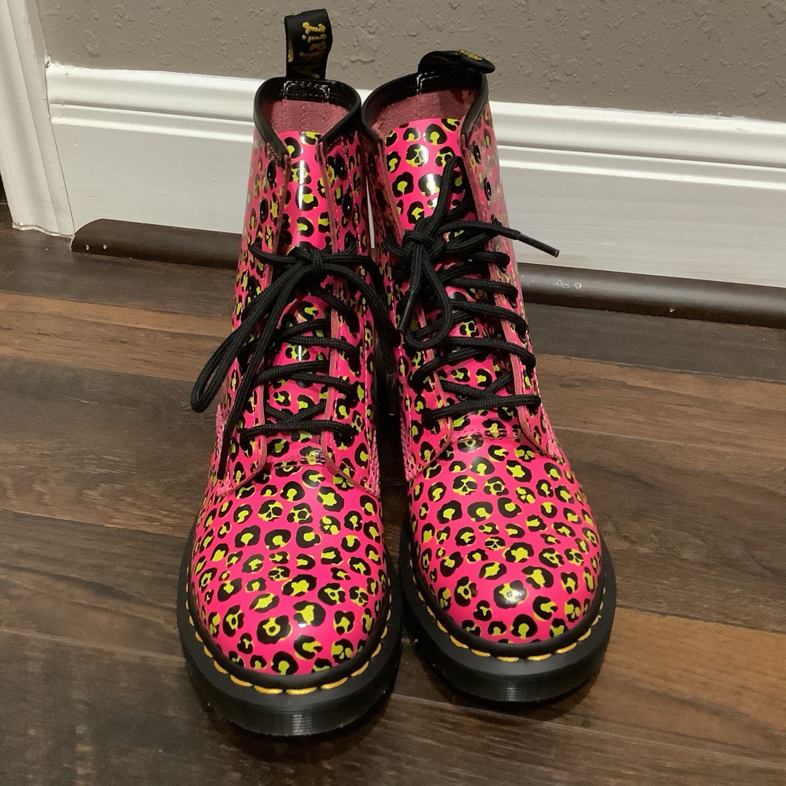Dr Martens New 1460 Neon Pink Lime Leopard Print Patent Leather Boots Womens 6