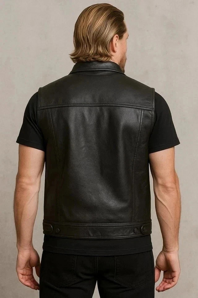 Men’s Black Biker Cafe Racer Moto Vest Real SheepSkin Leather Vest Slim Fit Coat