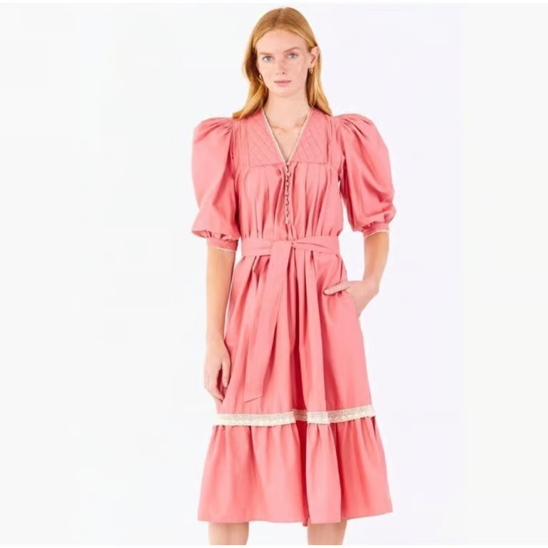 Hunter Bell Bowen Midi Dress Sz Small Coral Pink Peasant Feminine Cottagecore