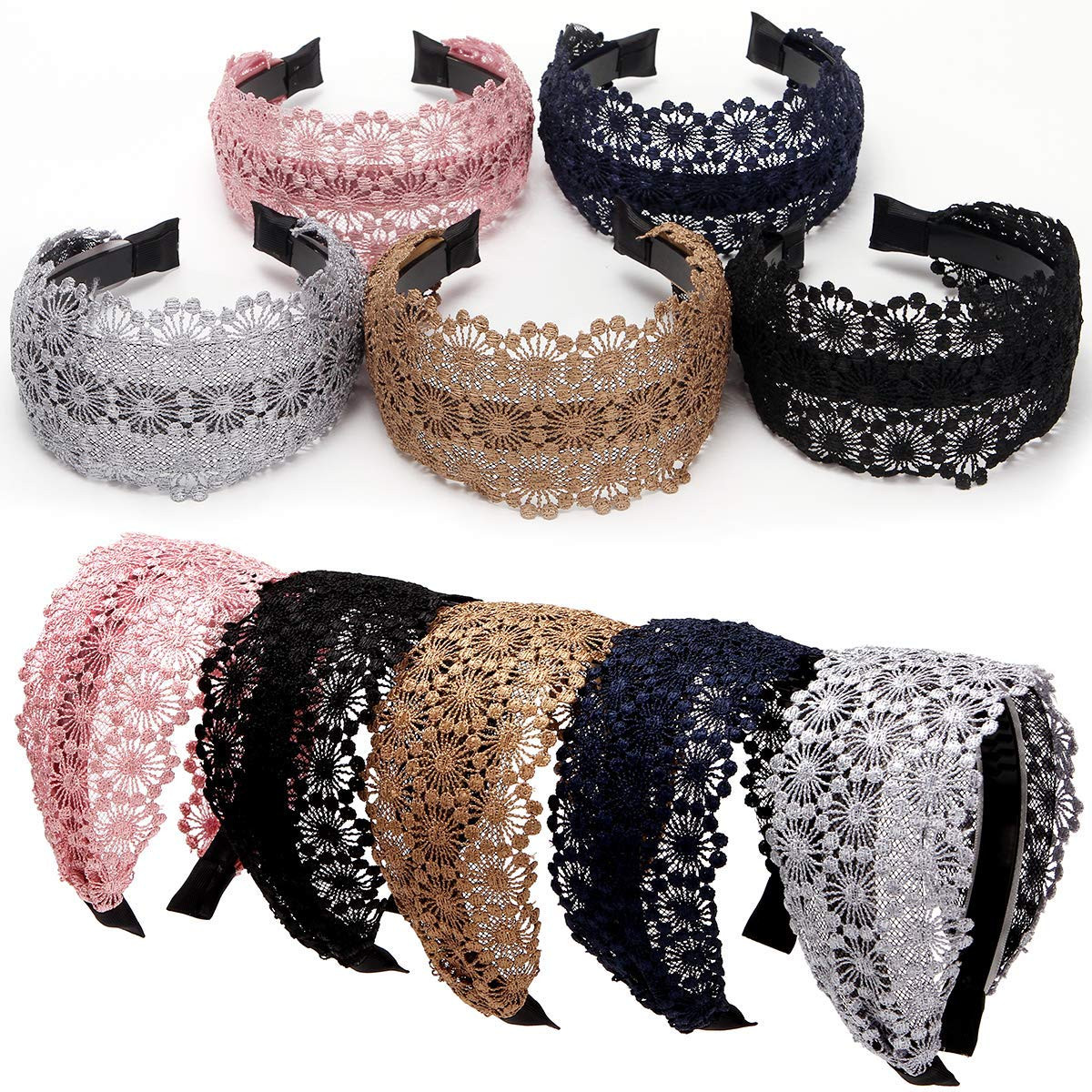 Non-Slip Multicolor Lace Headband Wide-Head Cutout Hard Headbands for Women and