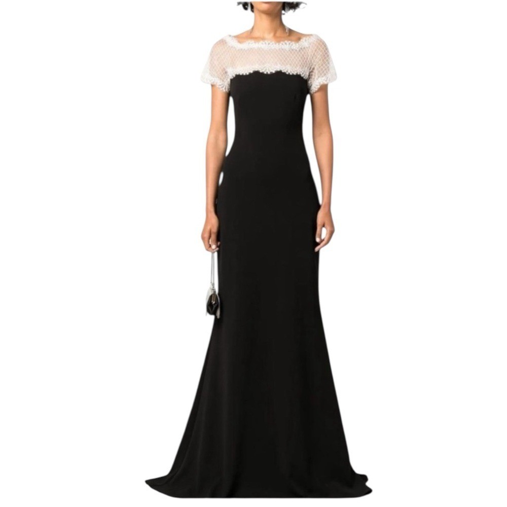 Tadashi Shoji Lace & Crepe A-Line Column Gown Large Black White Formal