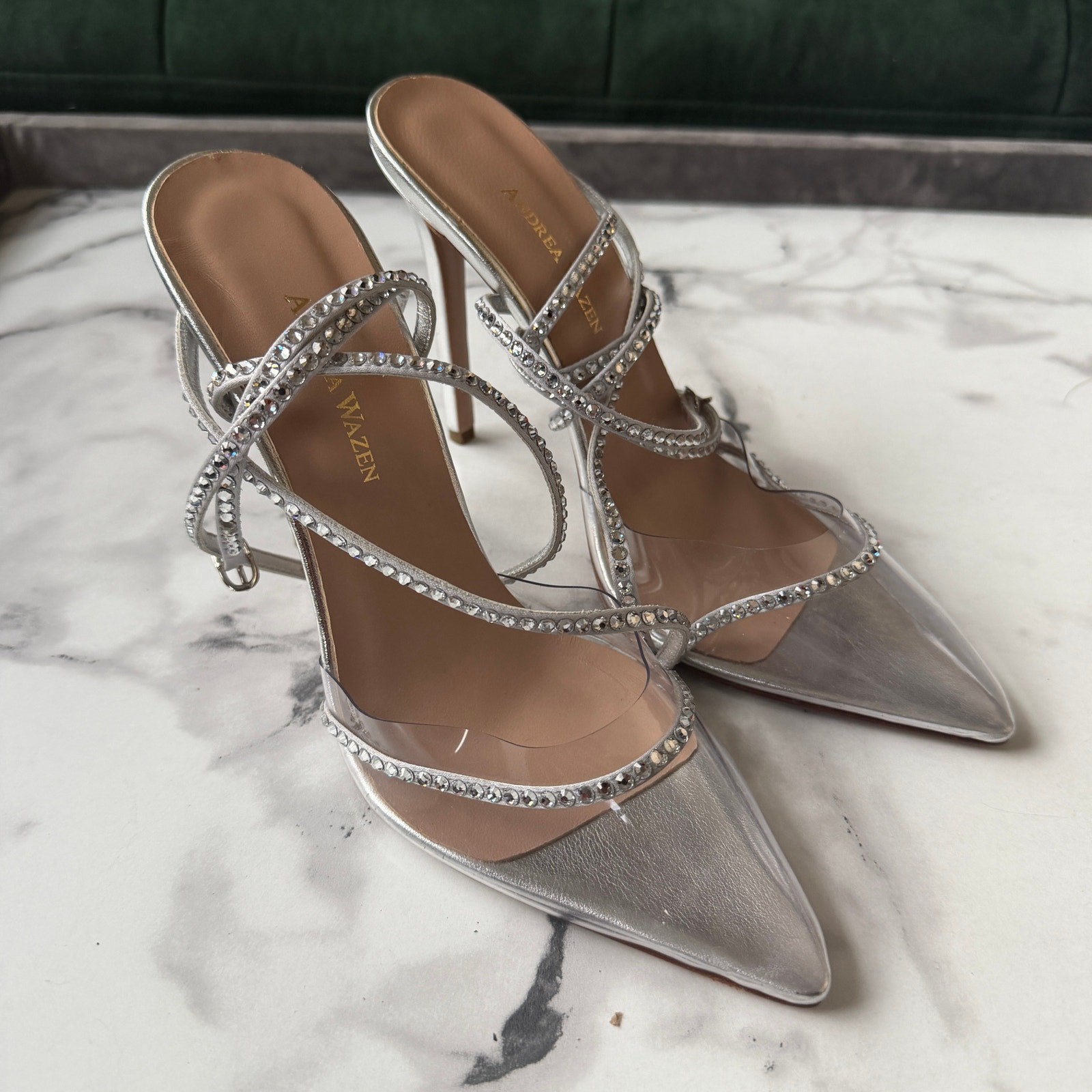 Andrea Wazen Dassy Sunset Crystal Metallic Strappy Pumps NEW Size 39