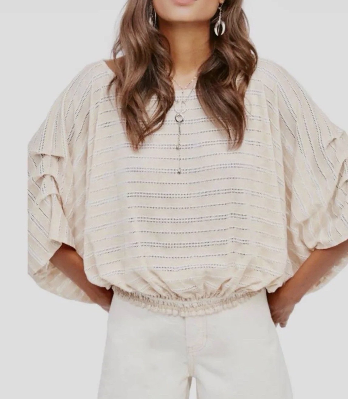 Free People Beige Striped Knit Smocked Hem Dolman Short Sleeve Top XS