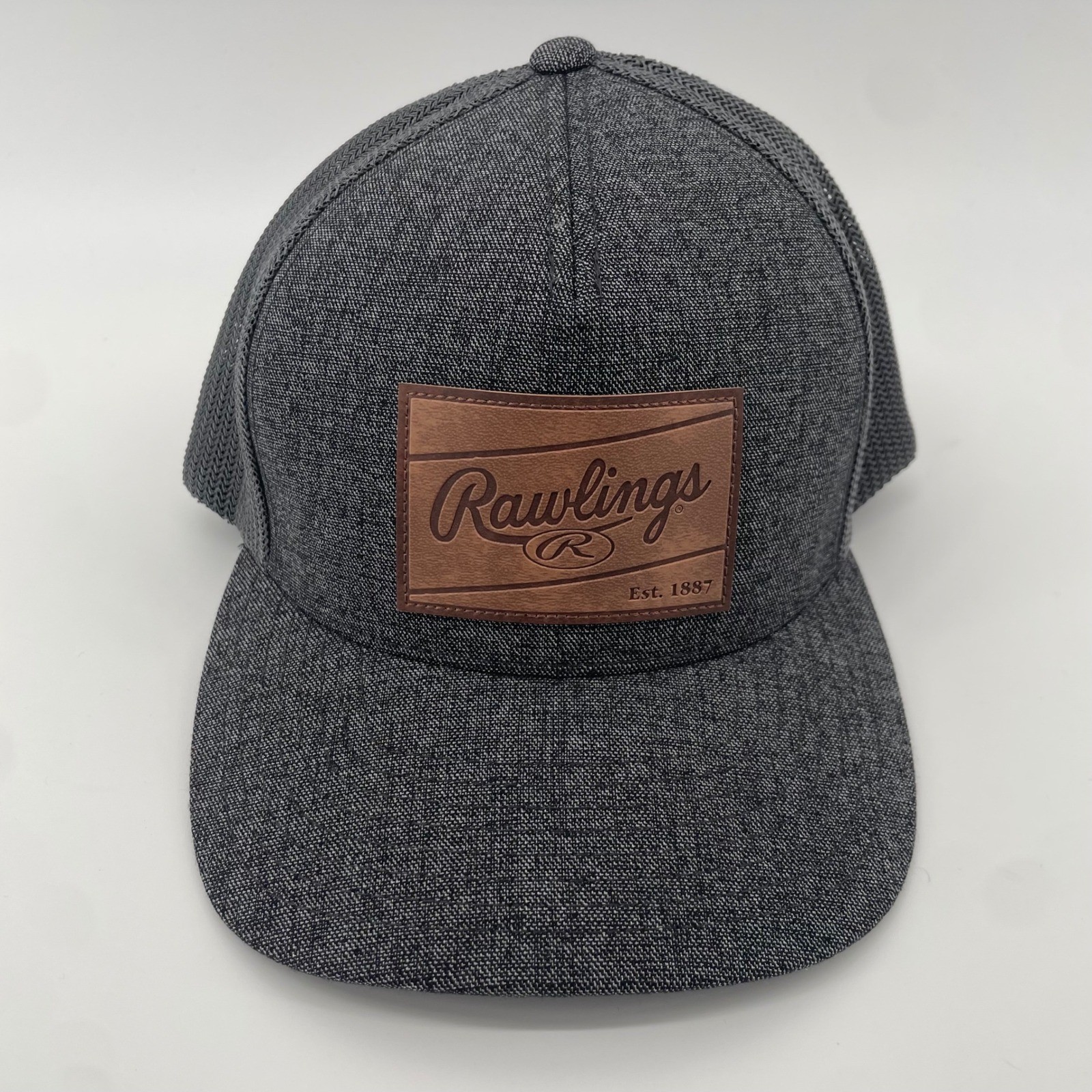 Rawlings Trucker Hat Mens OSFM Gray Leather Patch Snapback Flexfit 110 Cap