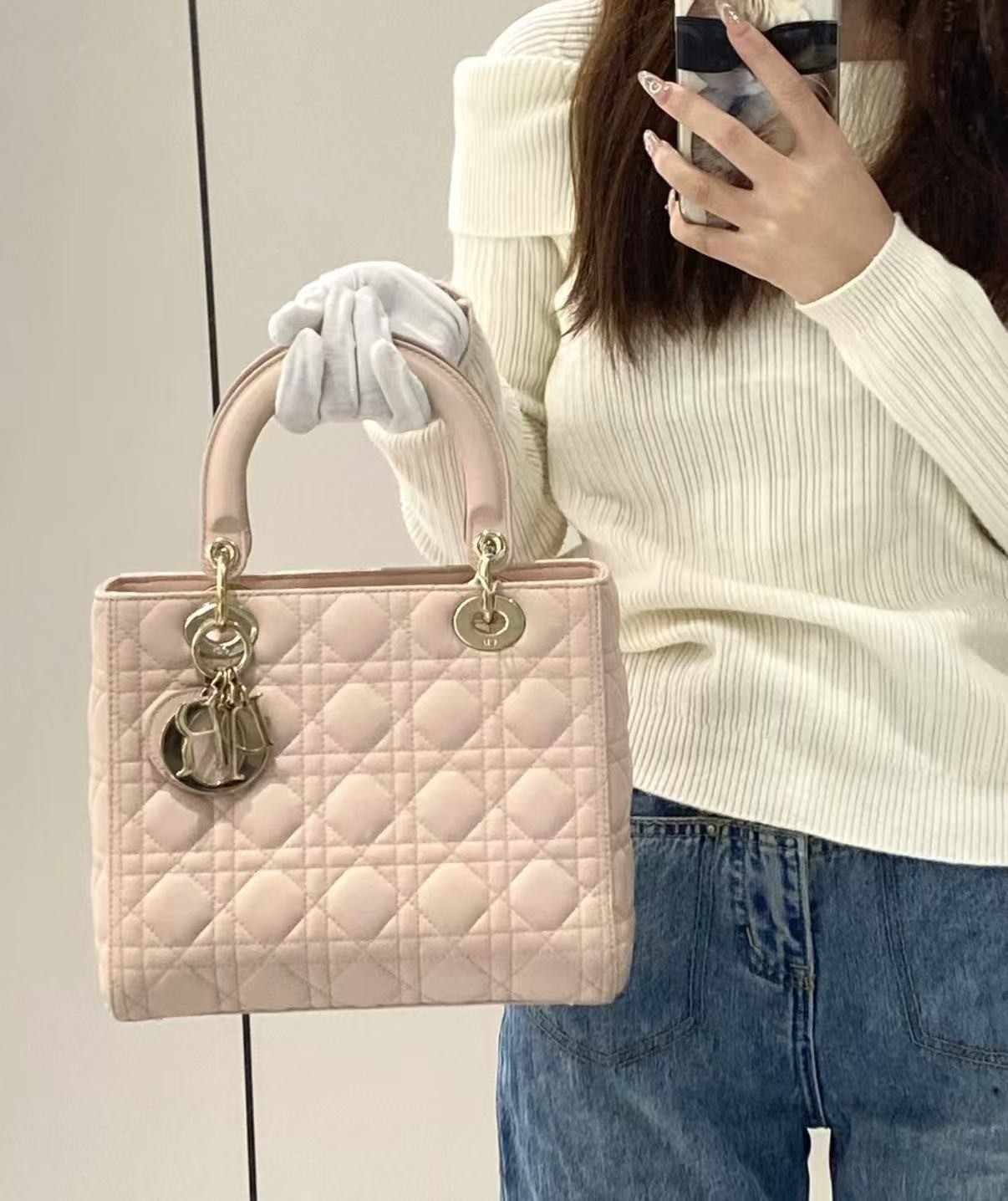 Dior Lady Dior Light Pink Lambskin Cannage Top Handle Crossbody Bag auth