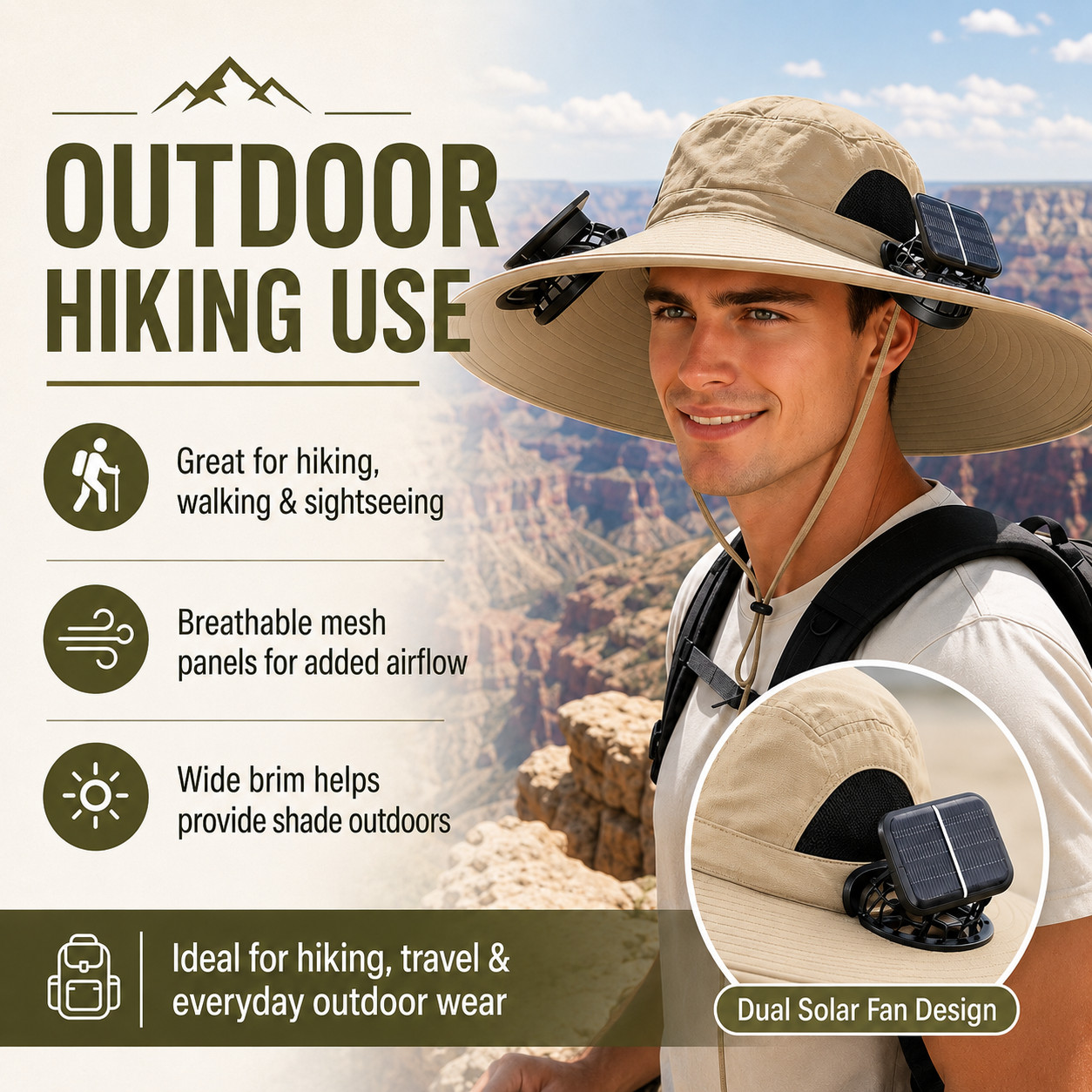 Khaki Solar Fan Hat Wide Brim Cooling Sun Hat Dual Fans Outdoor Fishing Camping