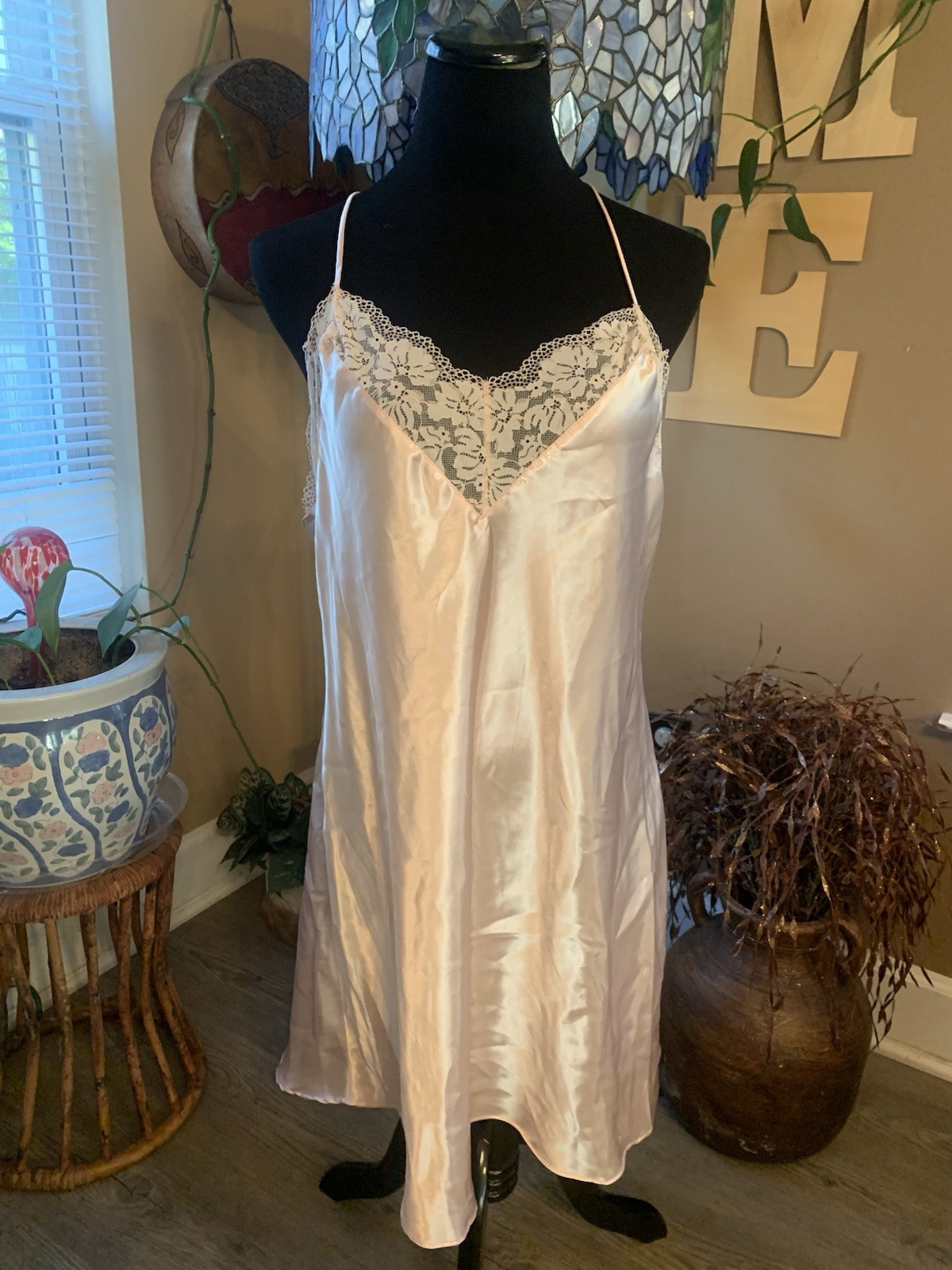 Lilac & London Wet Look Shiny Pink Satin Chemise Nightie L Racer Back Lace Sexy!