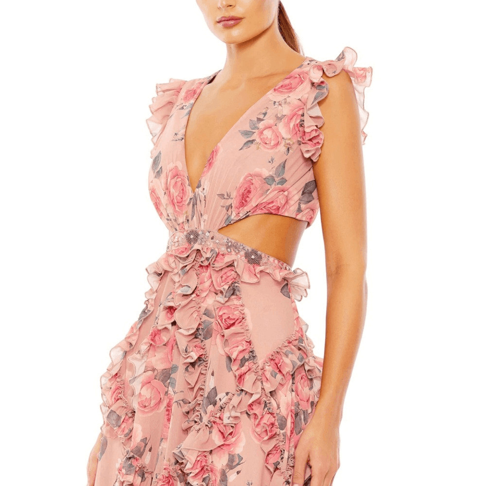 NWT Mac Duggal 9152 RUFFLED CUT OUT CAP SLEEVE V NECK GOWN Rose Size 4