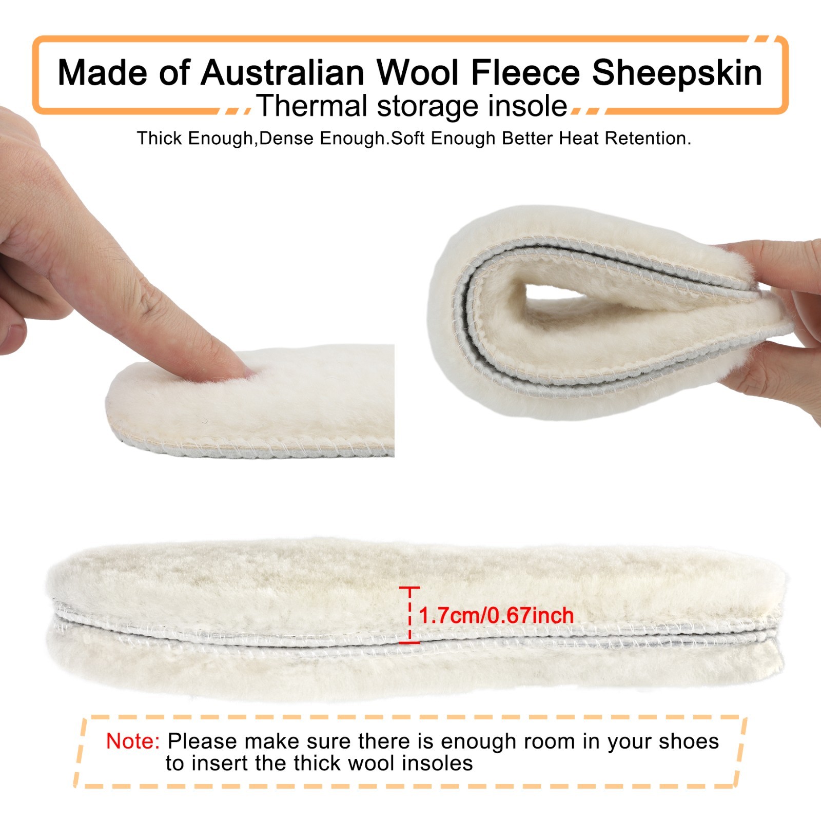 LARGERED 2 pairs of winter warm wool insoles, unisex, 17mm thick