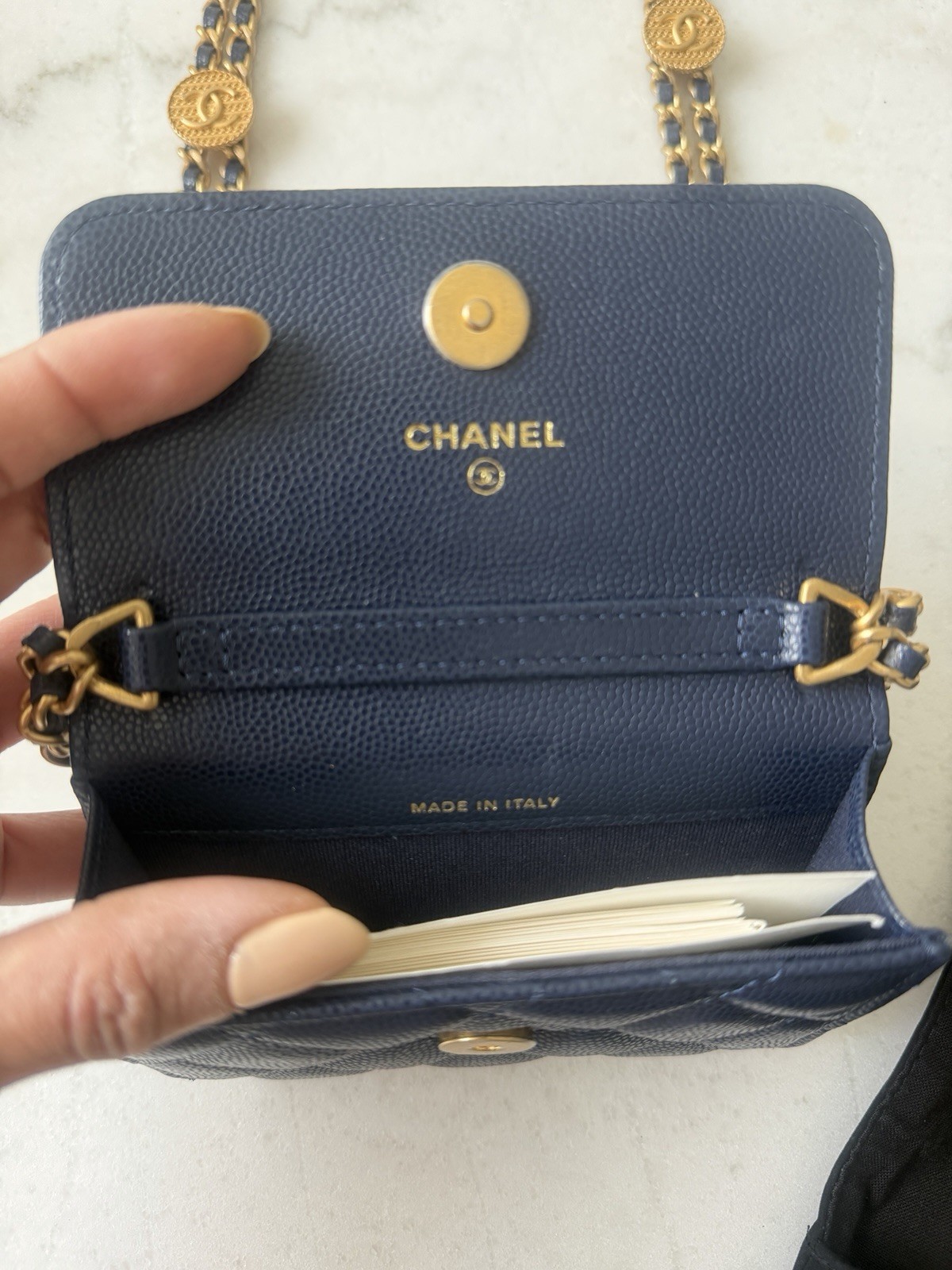 CHANEL Quilted Wallet on Chain WOC Blue Gold CC Logo Chain Strap Snap, Set