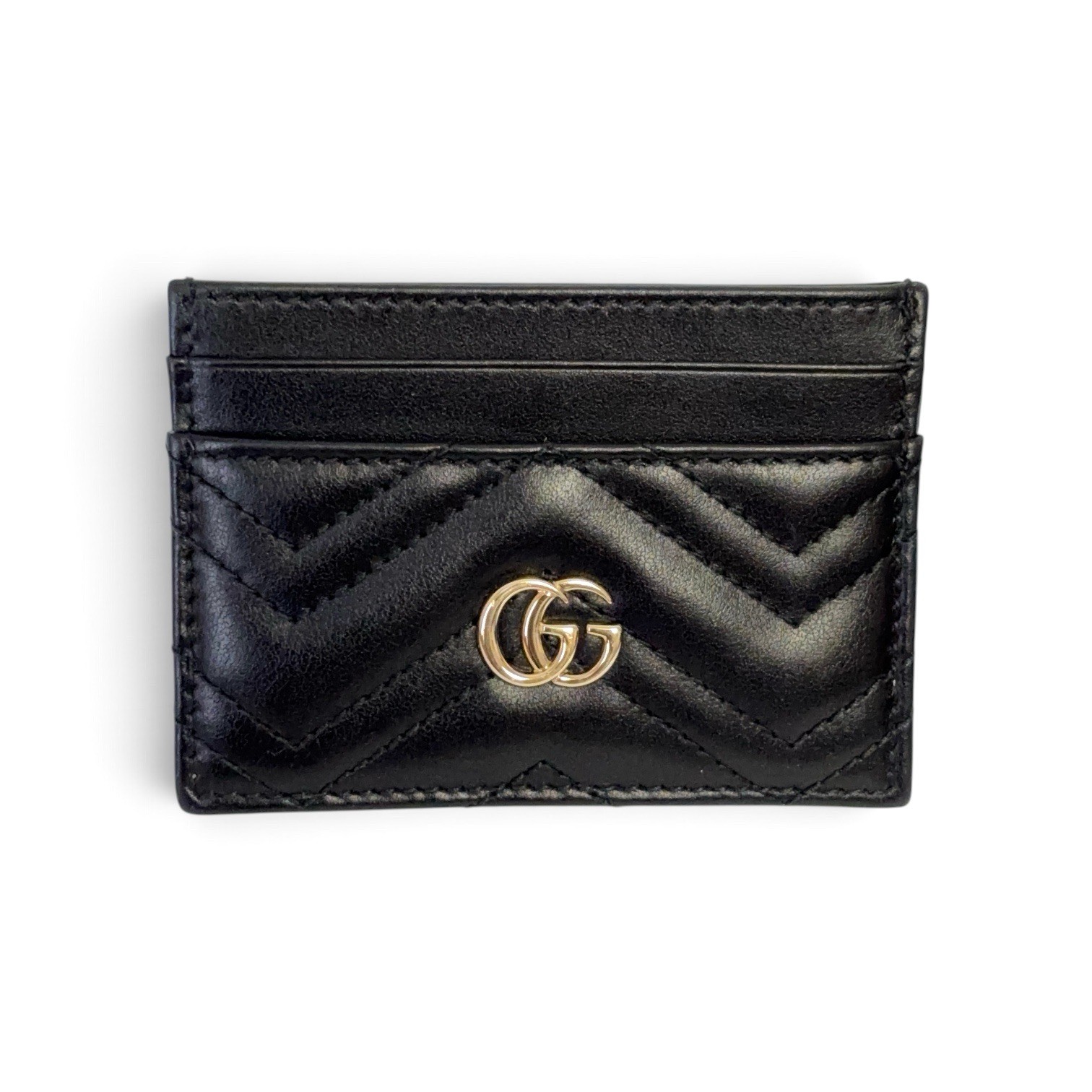 GUCCI Marmont GG Gold Logo Card Holder Quilted Black Leather Case Wallet 4×3″
