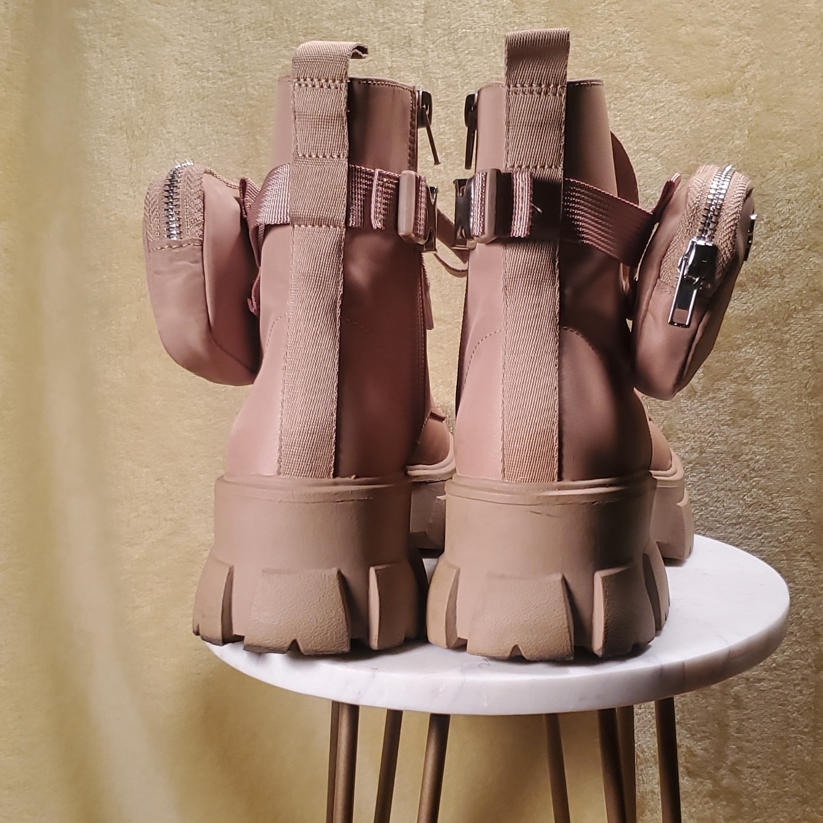Steve Madden Thunder Women’s Beige Mid-Calf Combat Boots US 7 Pouch Lug Sole