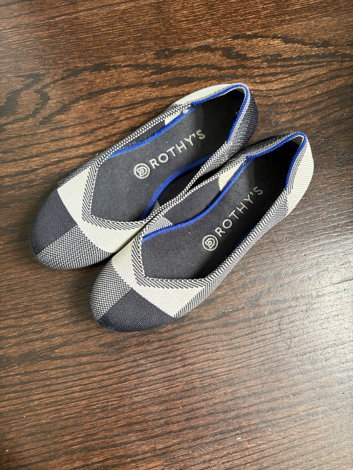 Rothy’s Women’s Ballet Slip-On Flats Check Knit Blue Trim Black/White Size 8