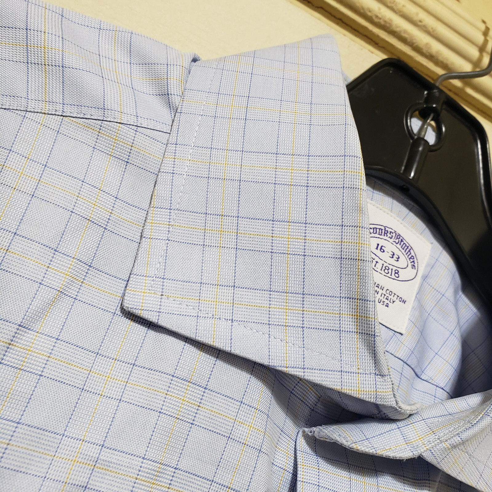Brooks Bros Shirt Mens 16 33 Blue Check Work Office Cutaway USA Egyption Vtg Dad