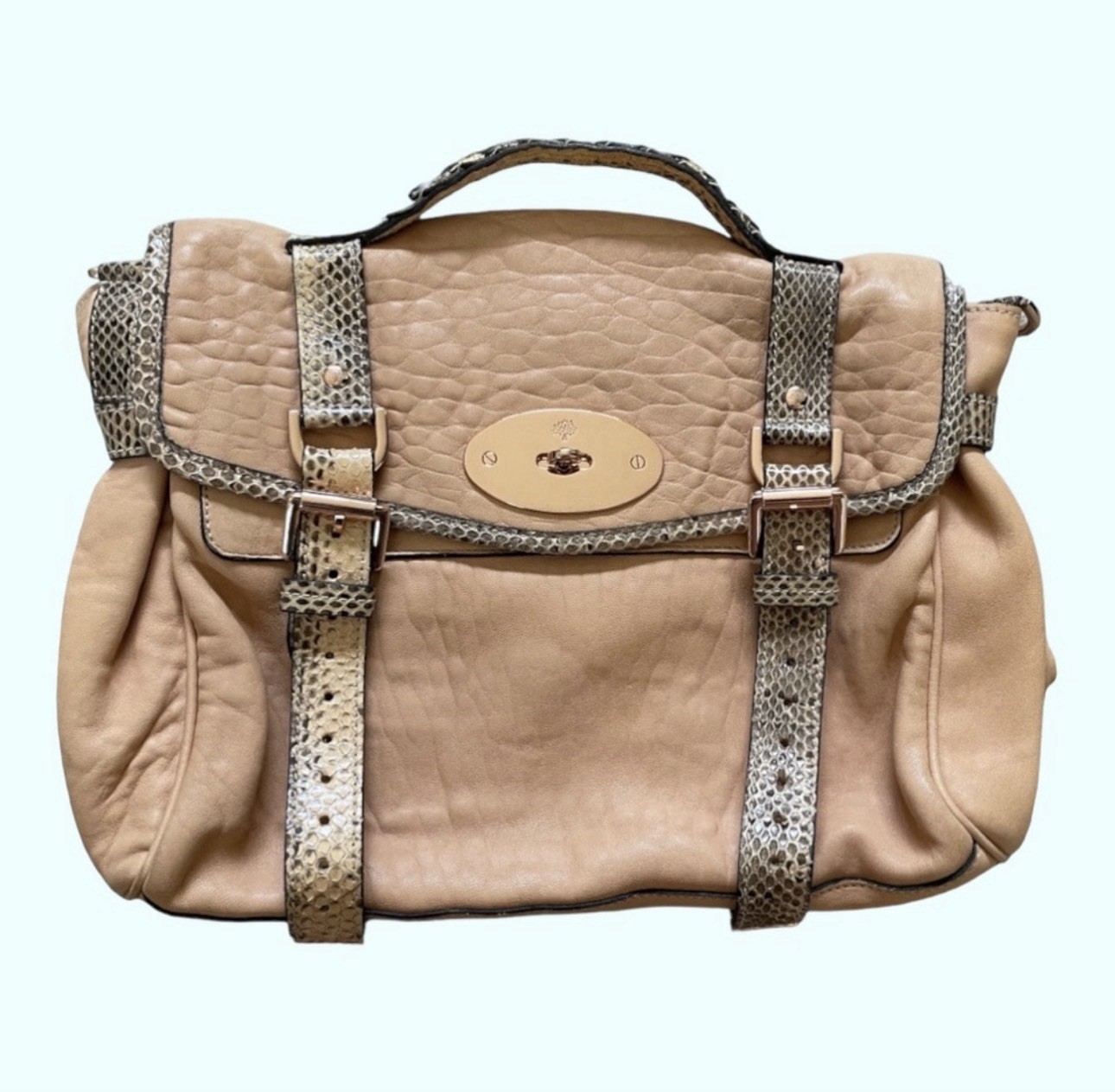 Mulberry Alexa Beige Satchel Top Handle Bag Buckle Straps Turn Lock Silver + COA