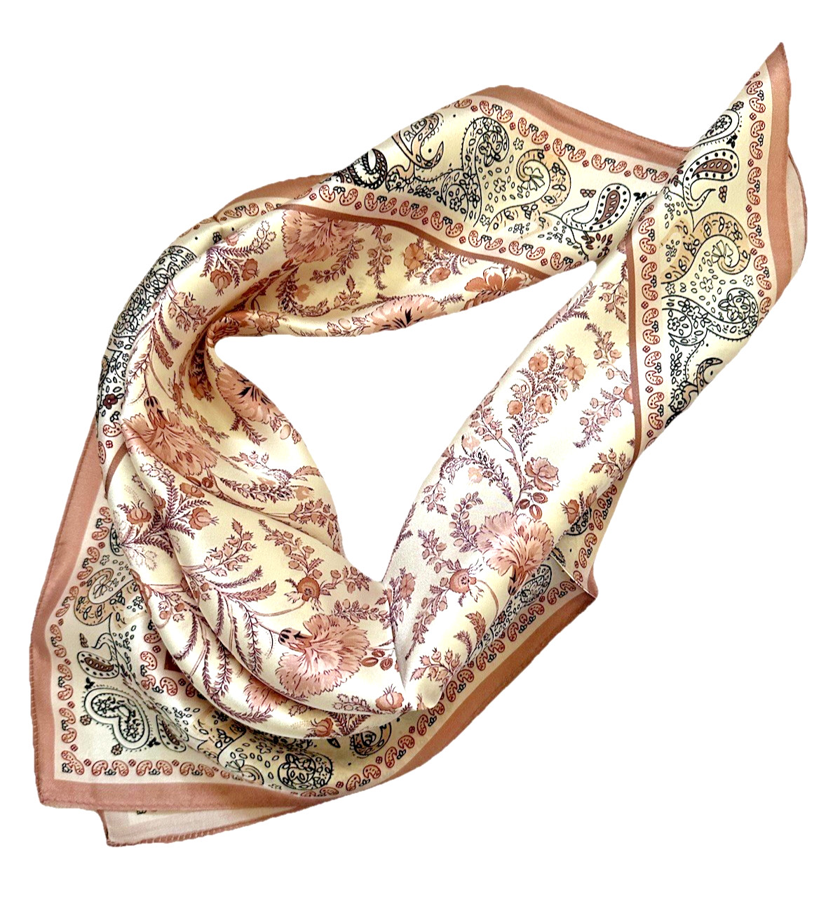 21”X21″Pink Brown Paisley Print Pure Mulberry Satin Silk12momme Scarf 53x53cm620