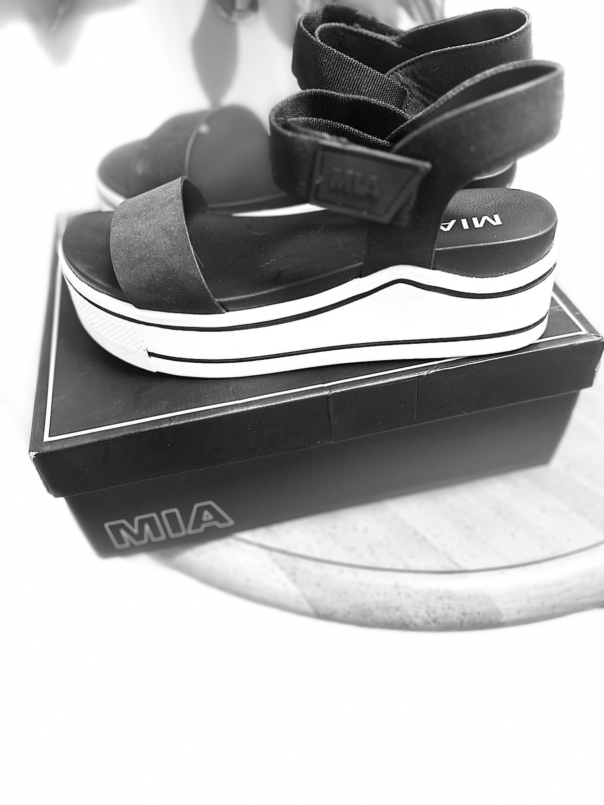 MIA ODELIA SANDALS 9M platform Black With White Soles. Approximately 2 1/2 Inch