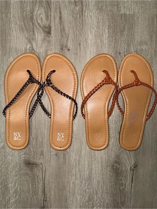 New York & Company Women’s Tan Braided Strap Flip Flops sold as pair