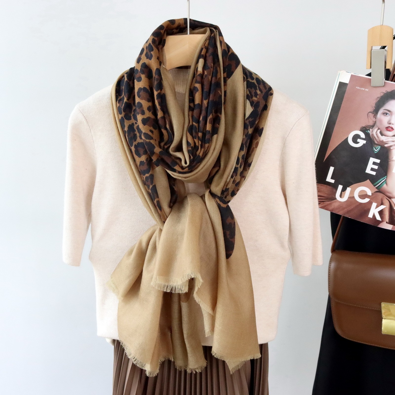 100% wool black & khaki cheetah print scarf fashion women’s shawl 200cm * 100cm