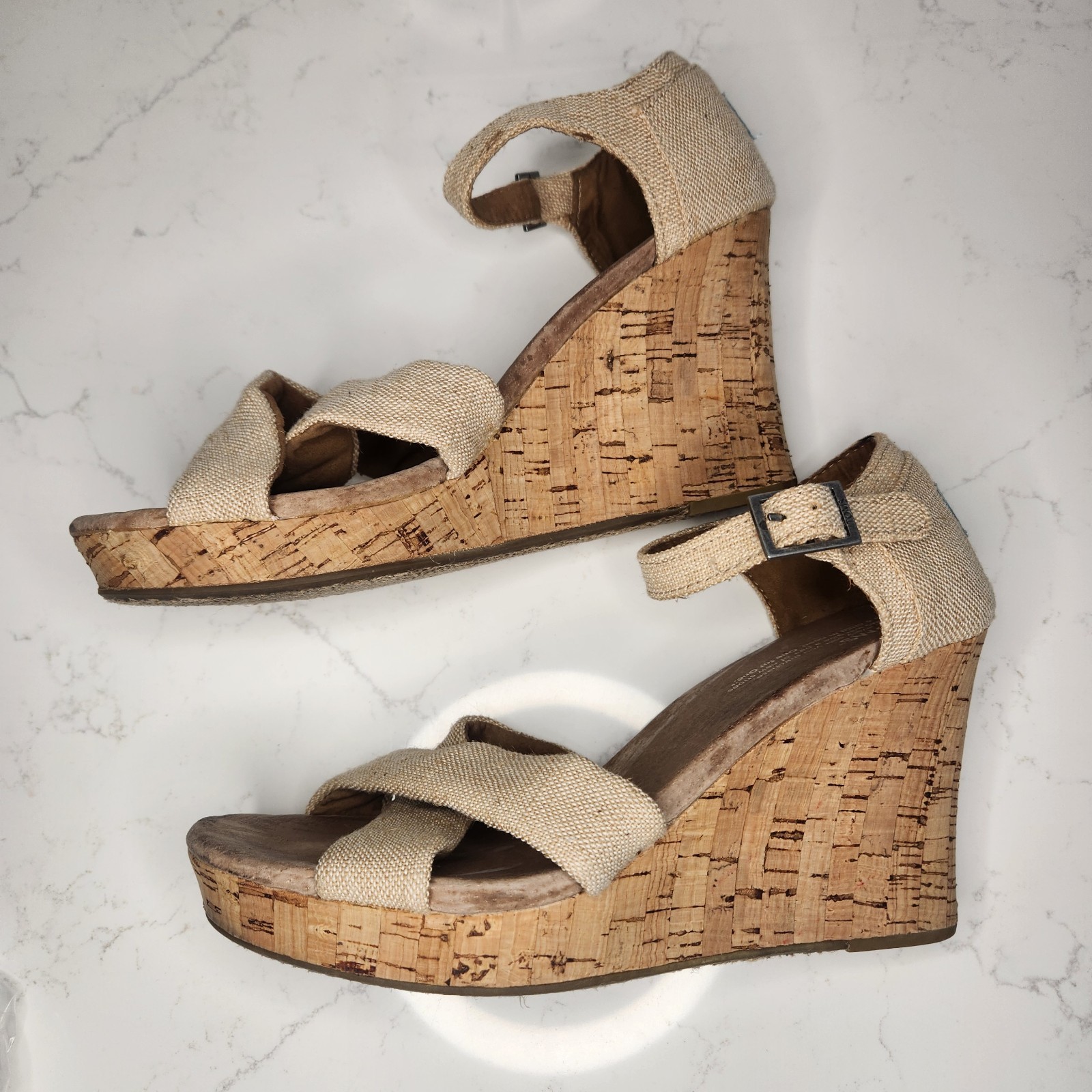 Toms Wedge TAN Cork Canvas Ankle Strap Buckle Sandal Sexy Neutral Core Size 9.5