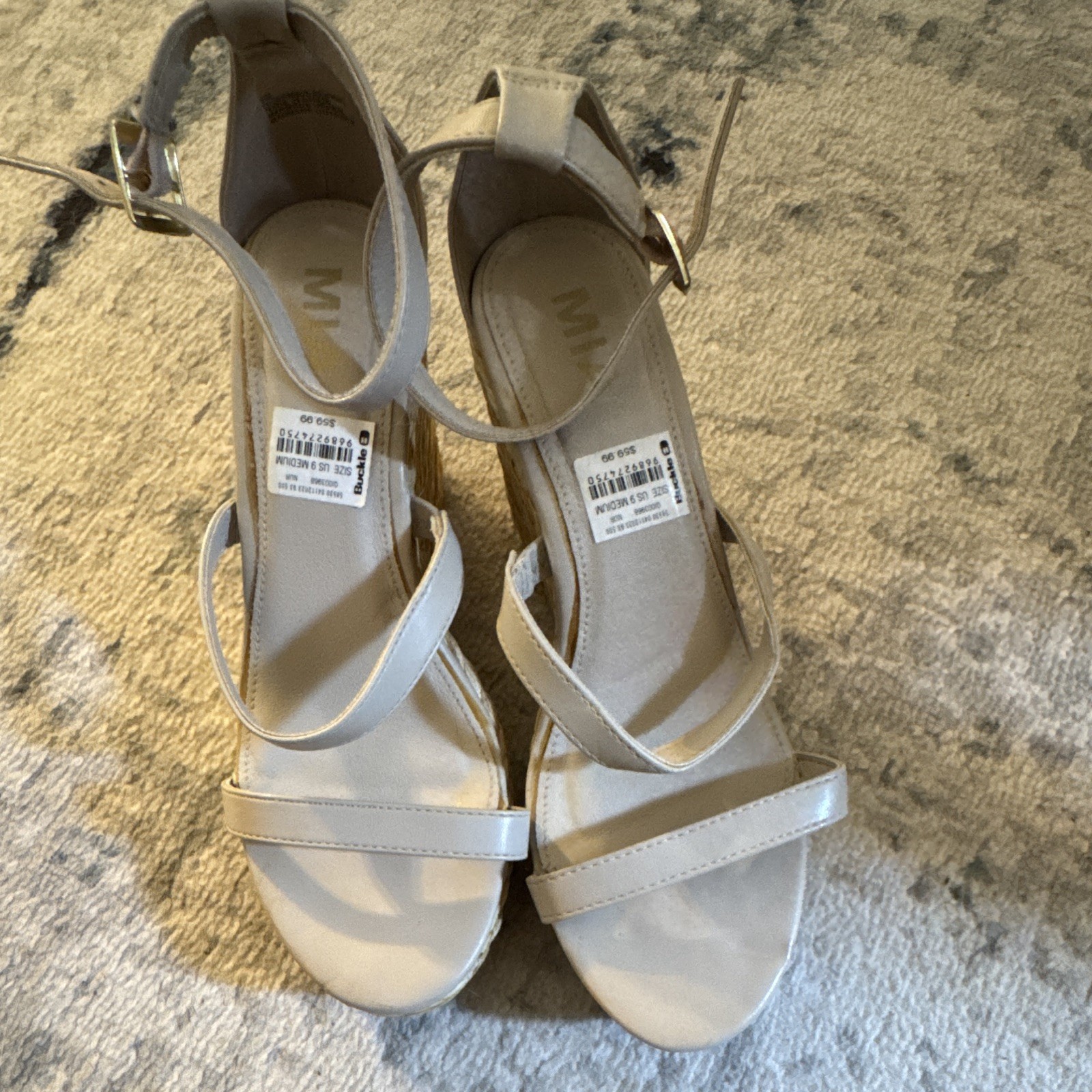 MIA Carinna Women’s Beige Wedge Sandals Ankle Strap Buckle Open Toe US 9