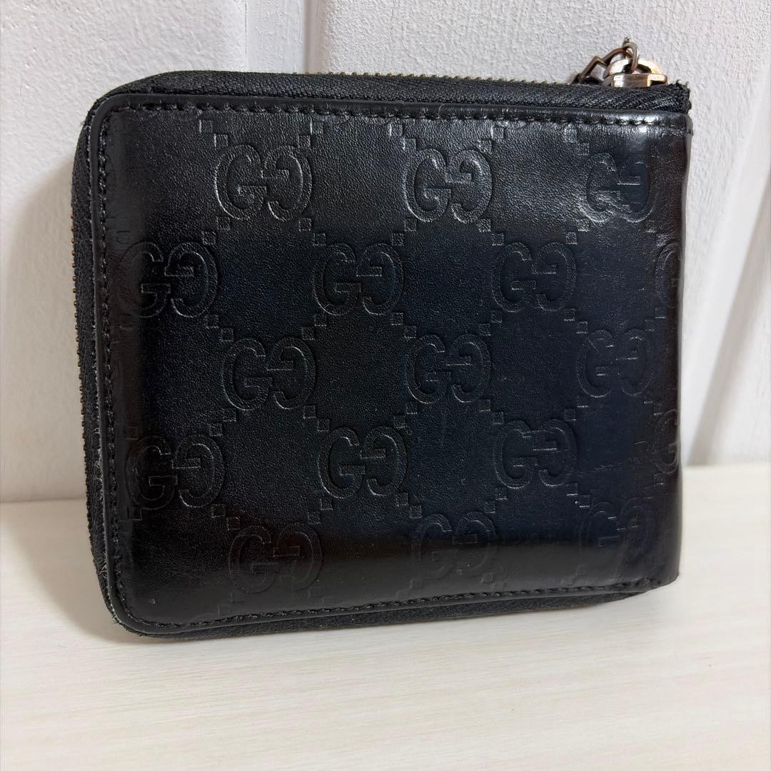 GUCCI Bi fold Mini Wallet Black Leather GG Pattern Embossed