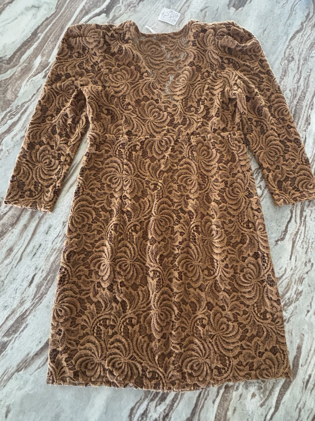 🤎Free People Lace Dress Medium Brown Caramel Floral Sheer Sleeve Boho Romantic