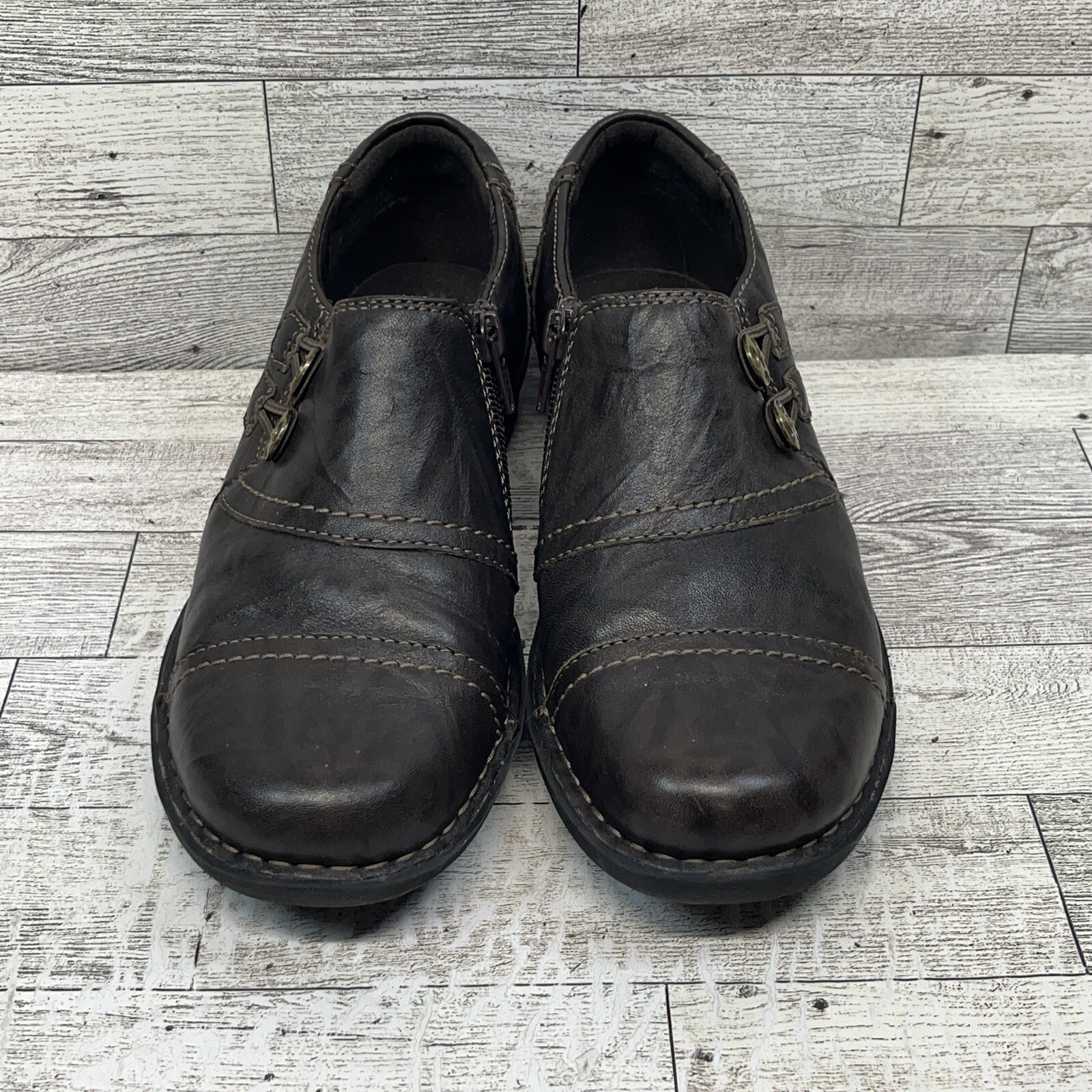 Clarks Collection Shoes Women’s 7M Casual Slip On Loafers Brown Leather Side Zip