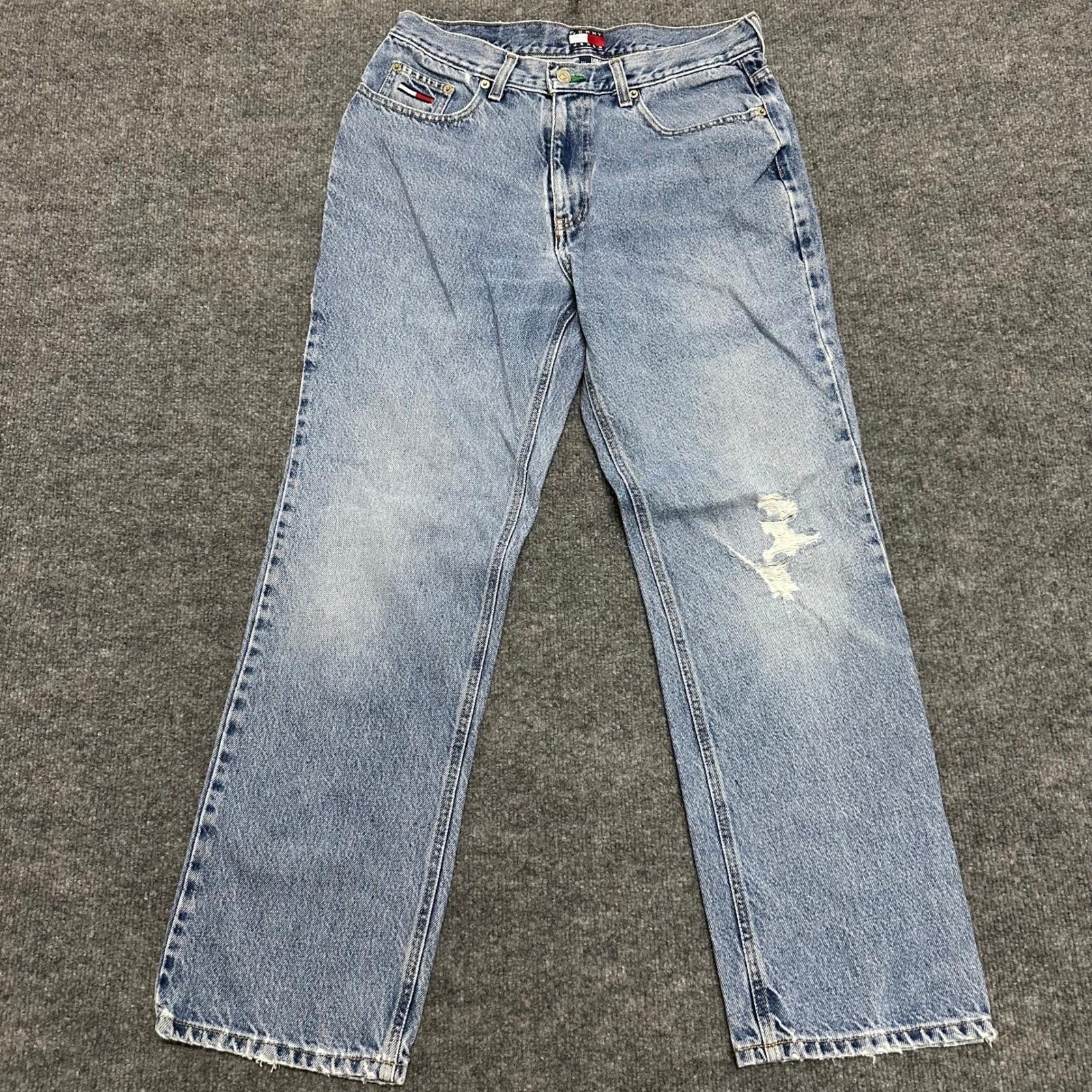 Tommy Jeans Jeans Mens Size 31×30 Light Wash Distressed Straight Leg Denim 90s