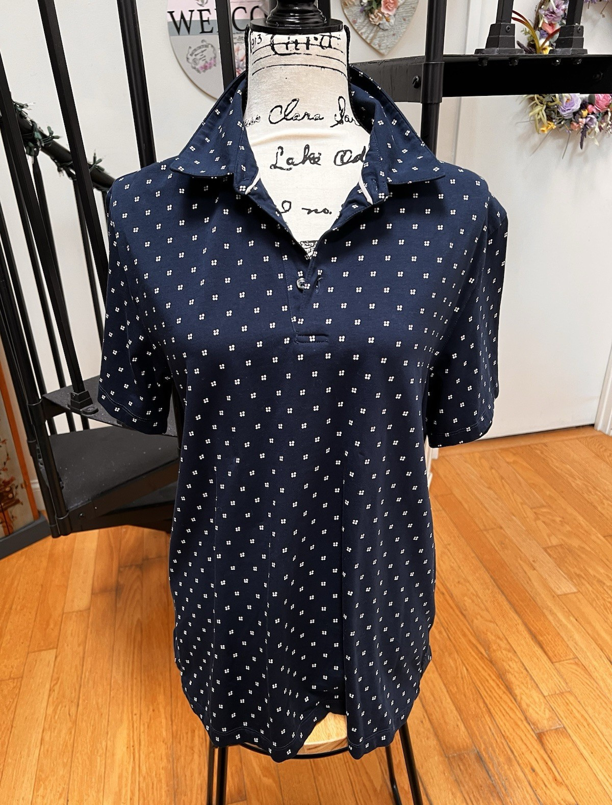 Hickey Freeman Men’s Navy Blue/White Geometric Polo Short Sleeve Button M