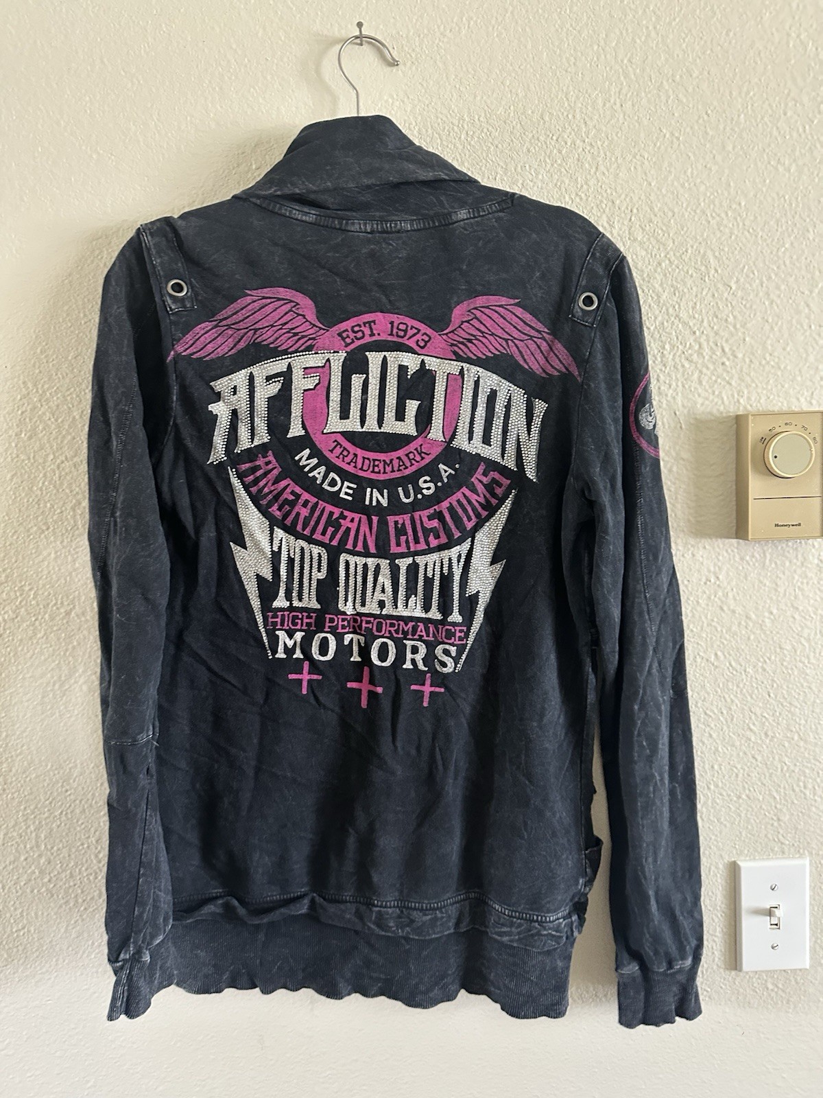 Affliction Women’s Full Zip Hoodie XL Black Distressed Grunge Comfort Jacket