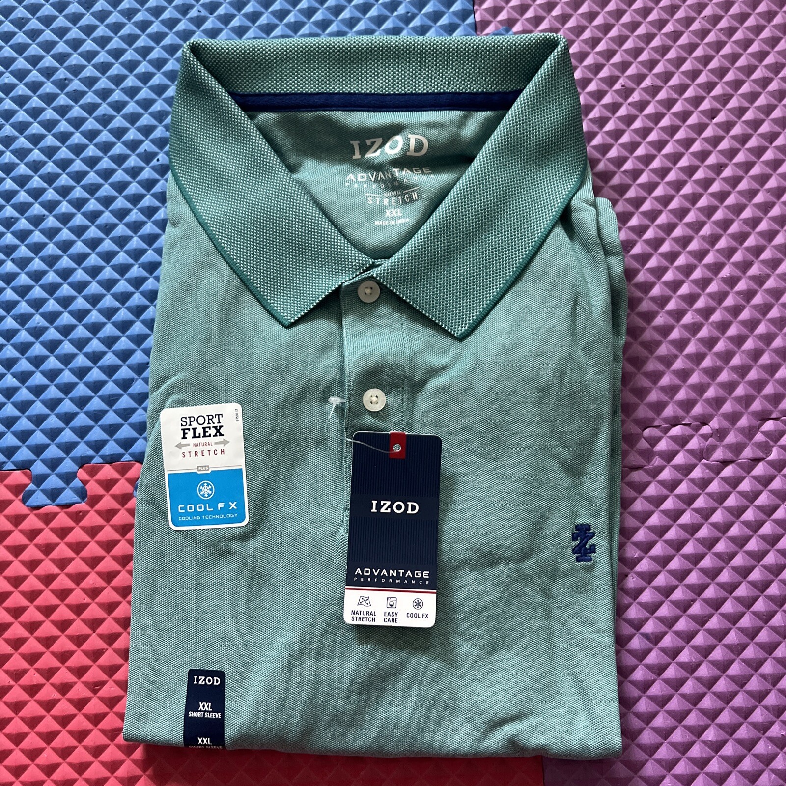 IZOD Men’s Natural Stretch Advantage Performance Polo Shirt Green Blue 2XL New