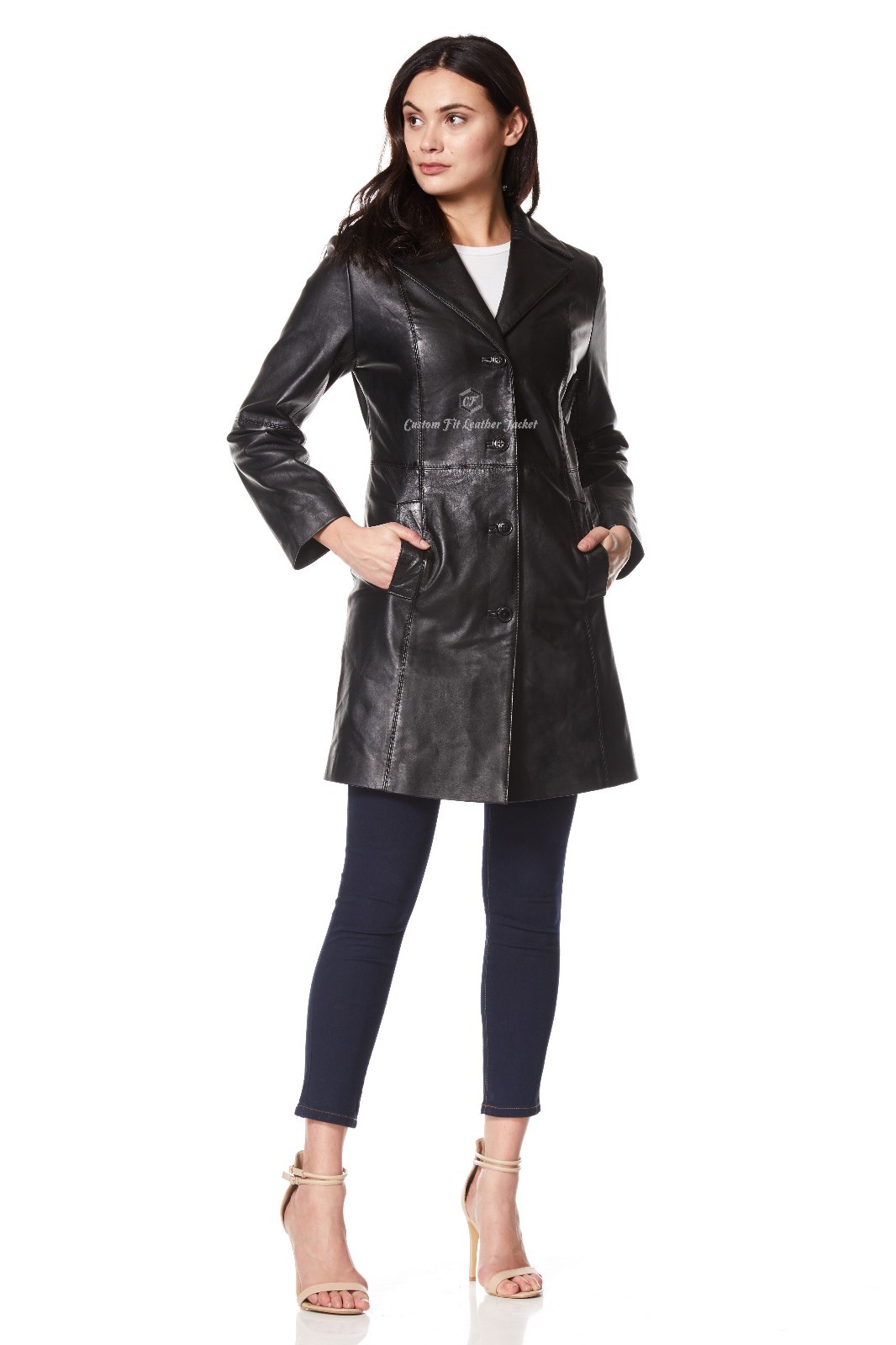 Ladies Leather Trench Coat Jacket Black Classic Knee-Length Designer Coat 3457