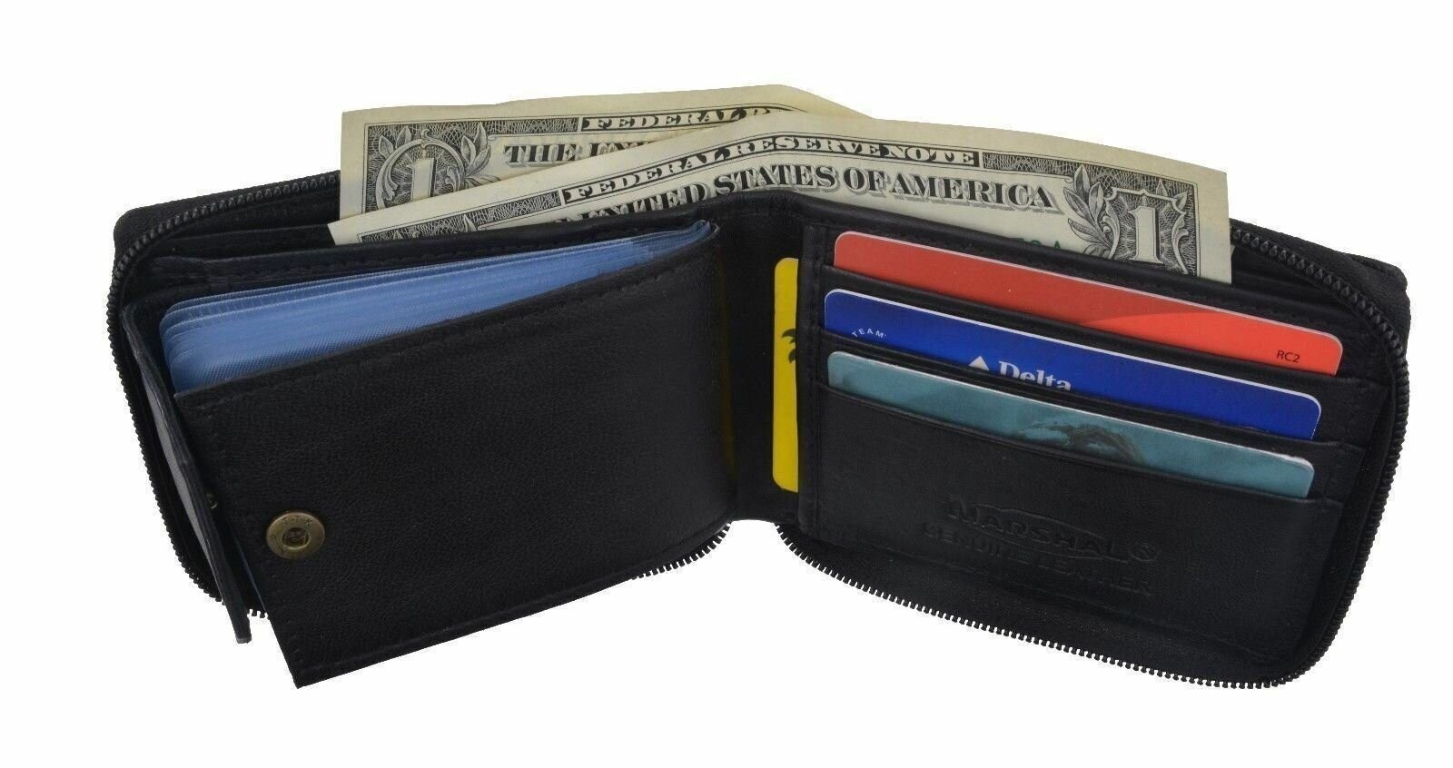Zipper Bifold Leather Wallet W/Removable Plastic Inserts Casing W/Snap Enclosure