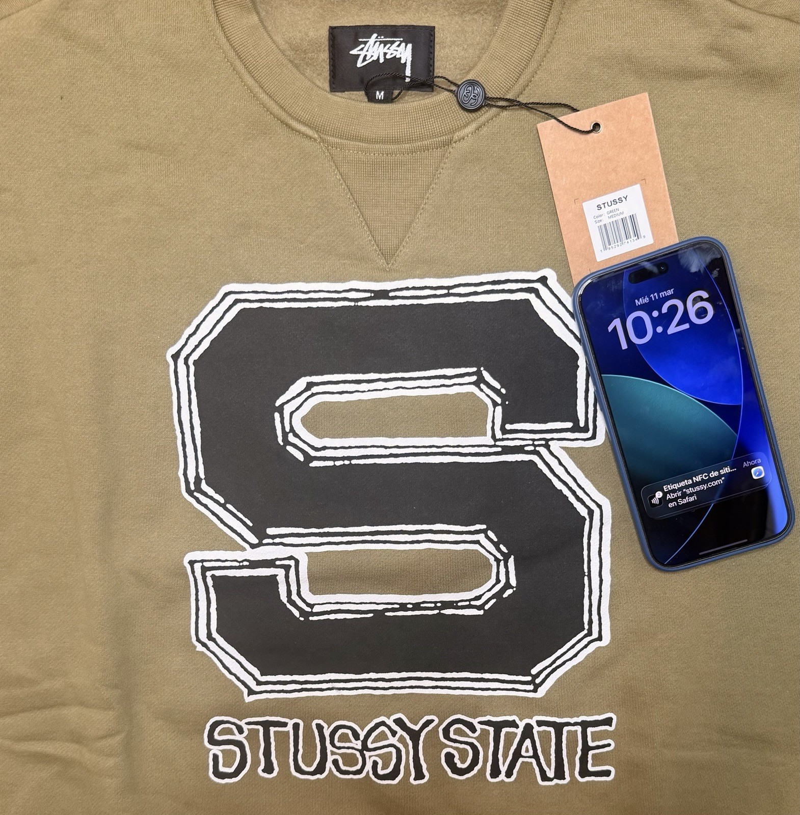 Stussy State Men’s Crew Sweatshirt NFC Tag Color Green Size Medium