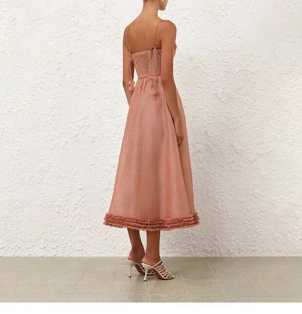 Zimmermann 2026 | Pink Ruffle Spaghetti Strap Midi Dress, Australian Designer