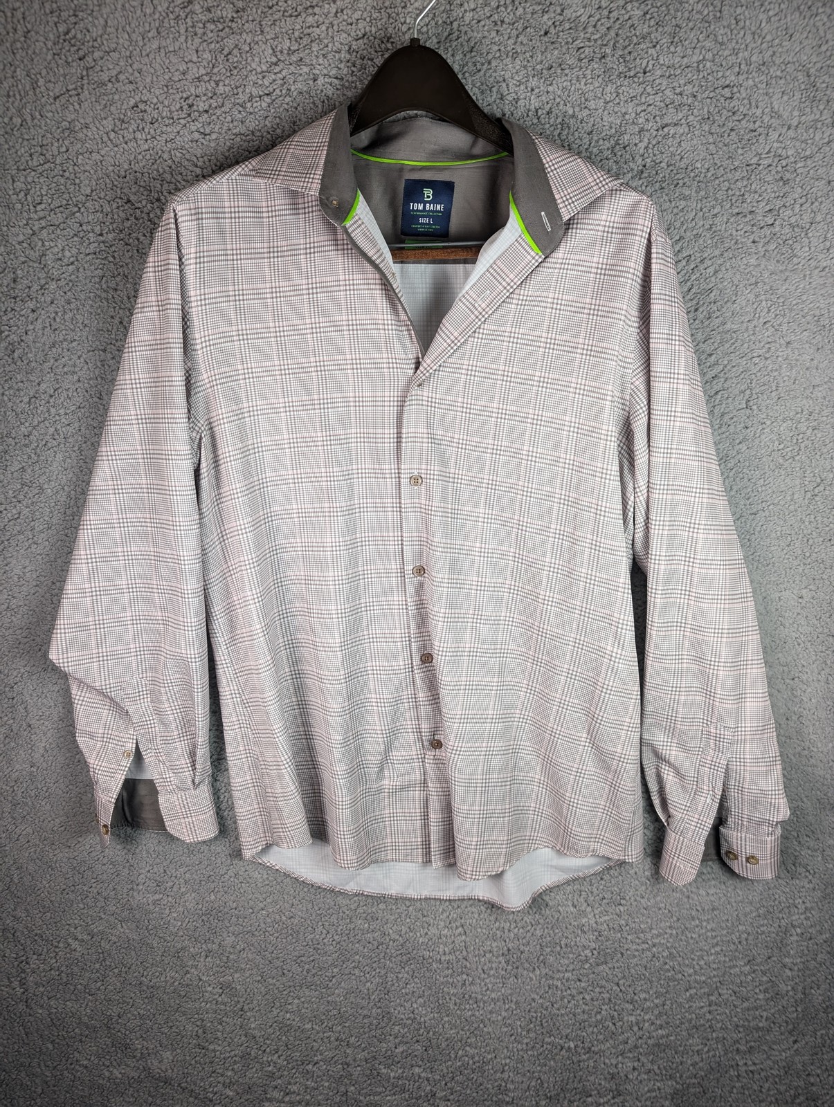 Tom Baine Shirt Mens Large Pink Gray Plaid Button Down Slim Fit Stretch Casual