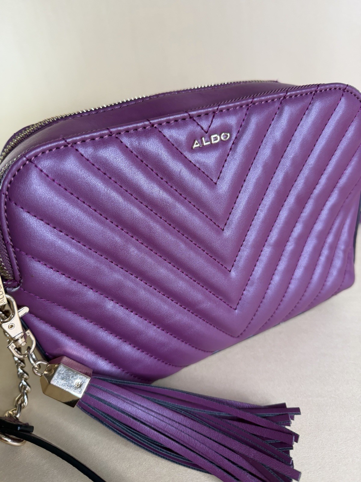 ALDO Purple Quilted Crossbody Bag Double Zip Tassel Gold Tone Hardware